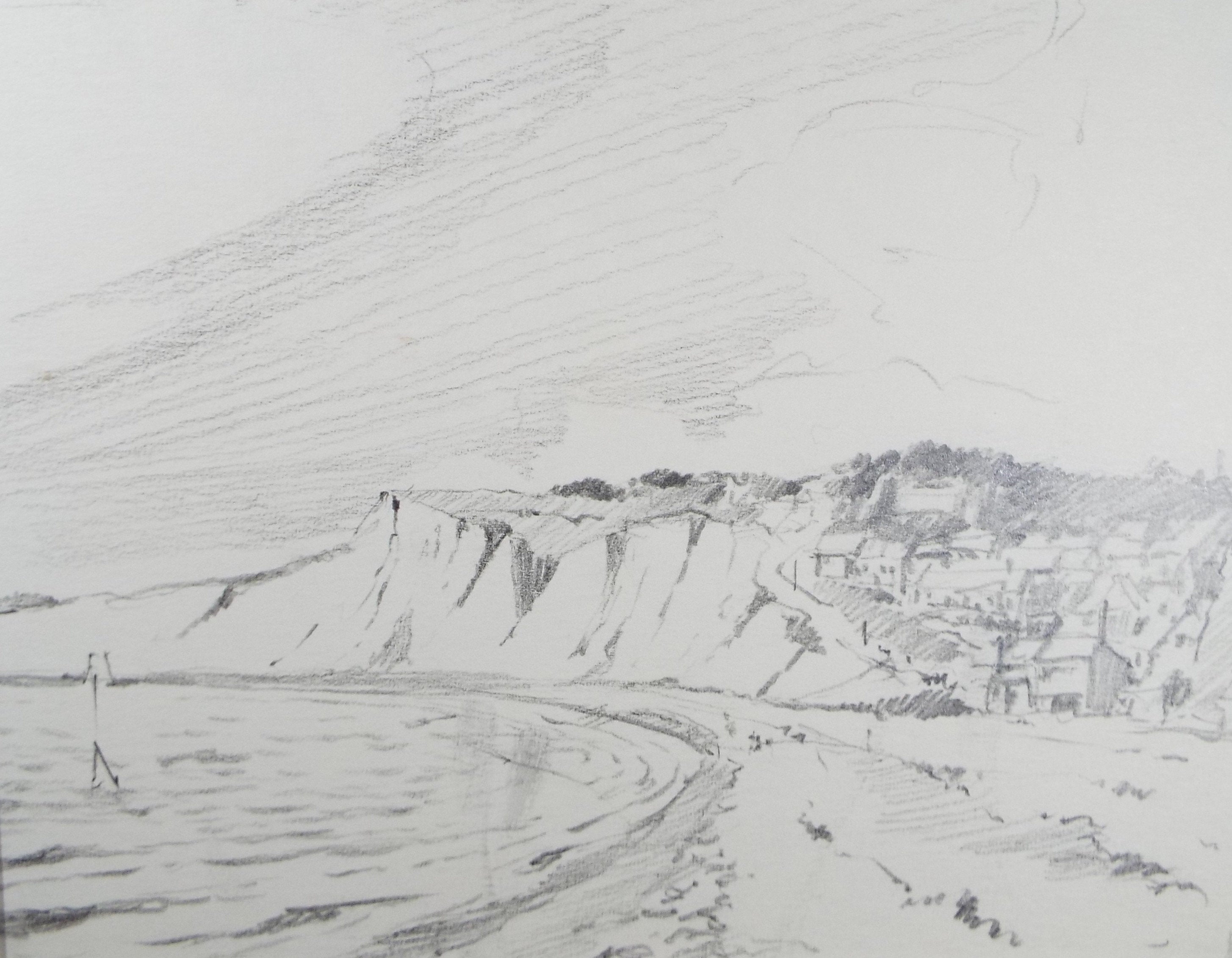 Original Pencil Drawing, 'Fishing Village', circa 1990's , Artist Unknown