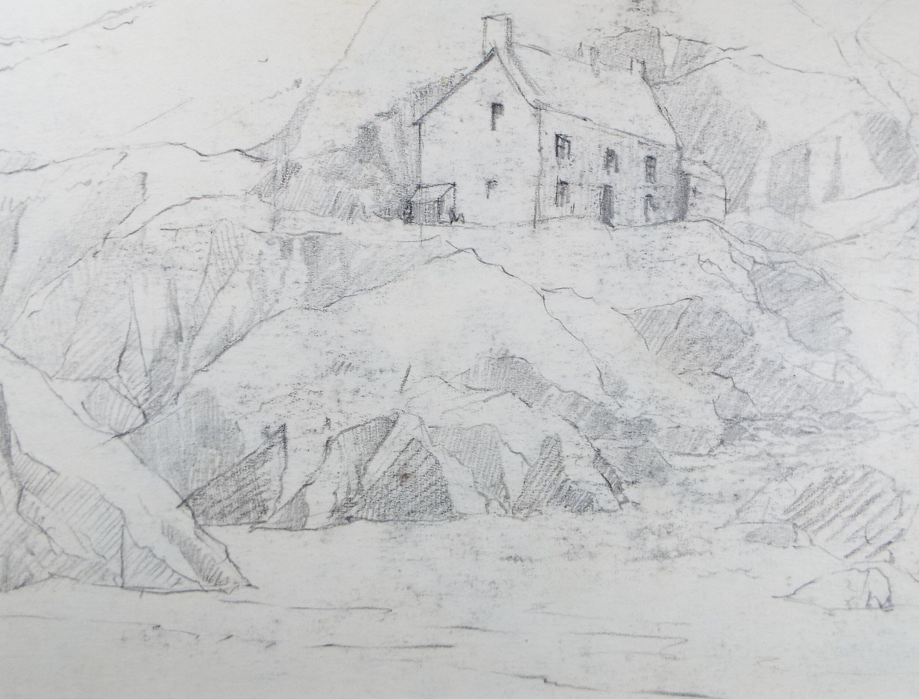 Original Pencil Drawing, 'Clifftop Cottage', circa 1990's , Artist Unknown