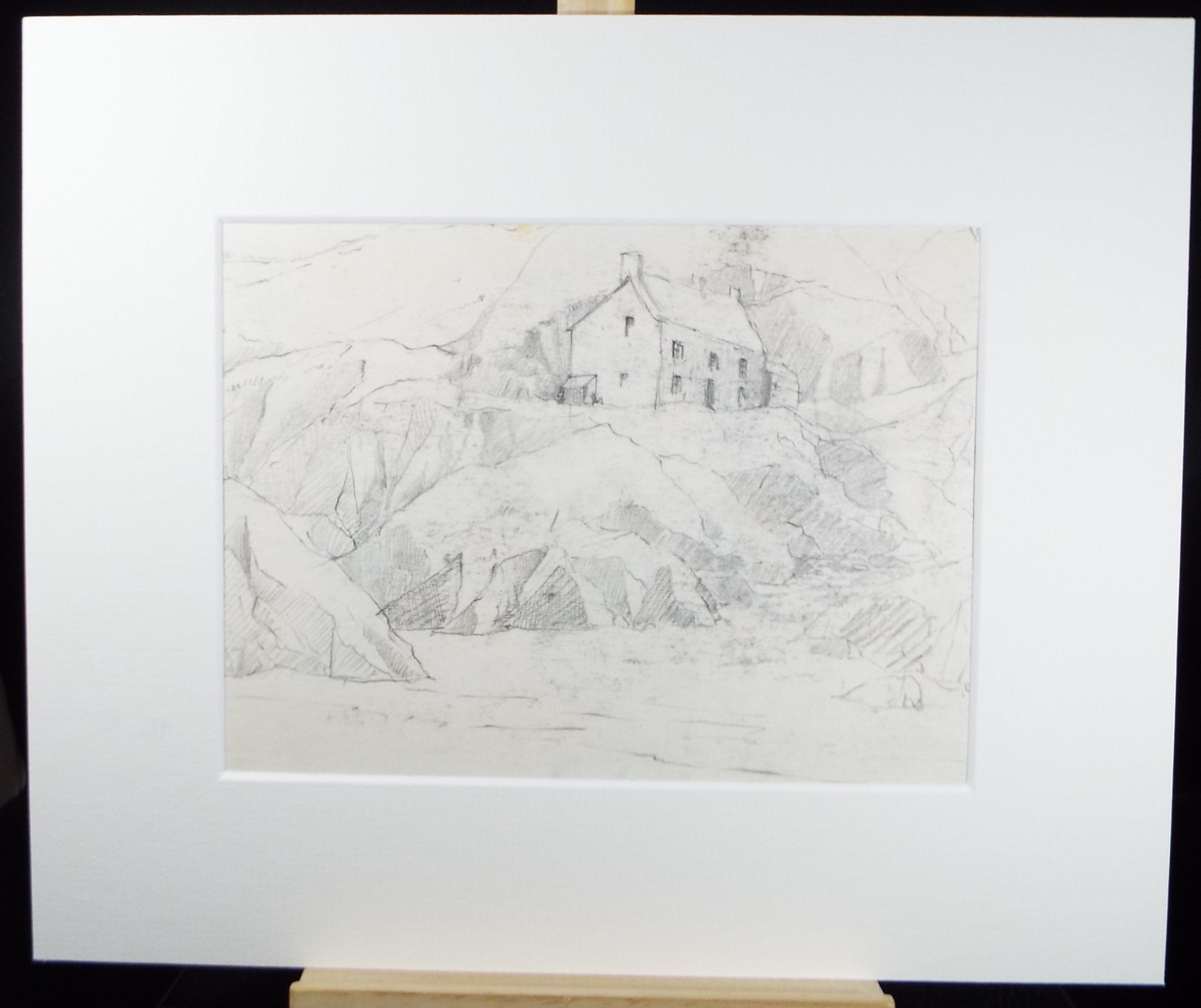 Original Pencil Drawing, 'Clifftop Cottage', circa 1990's , Artist Unknown