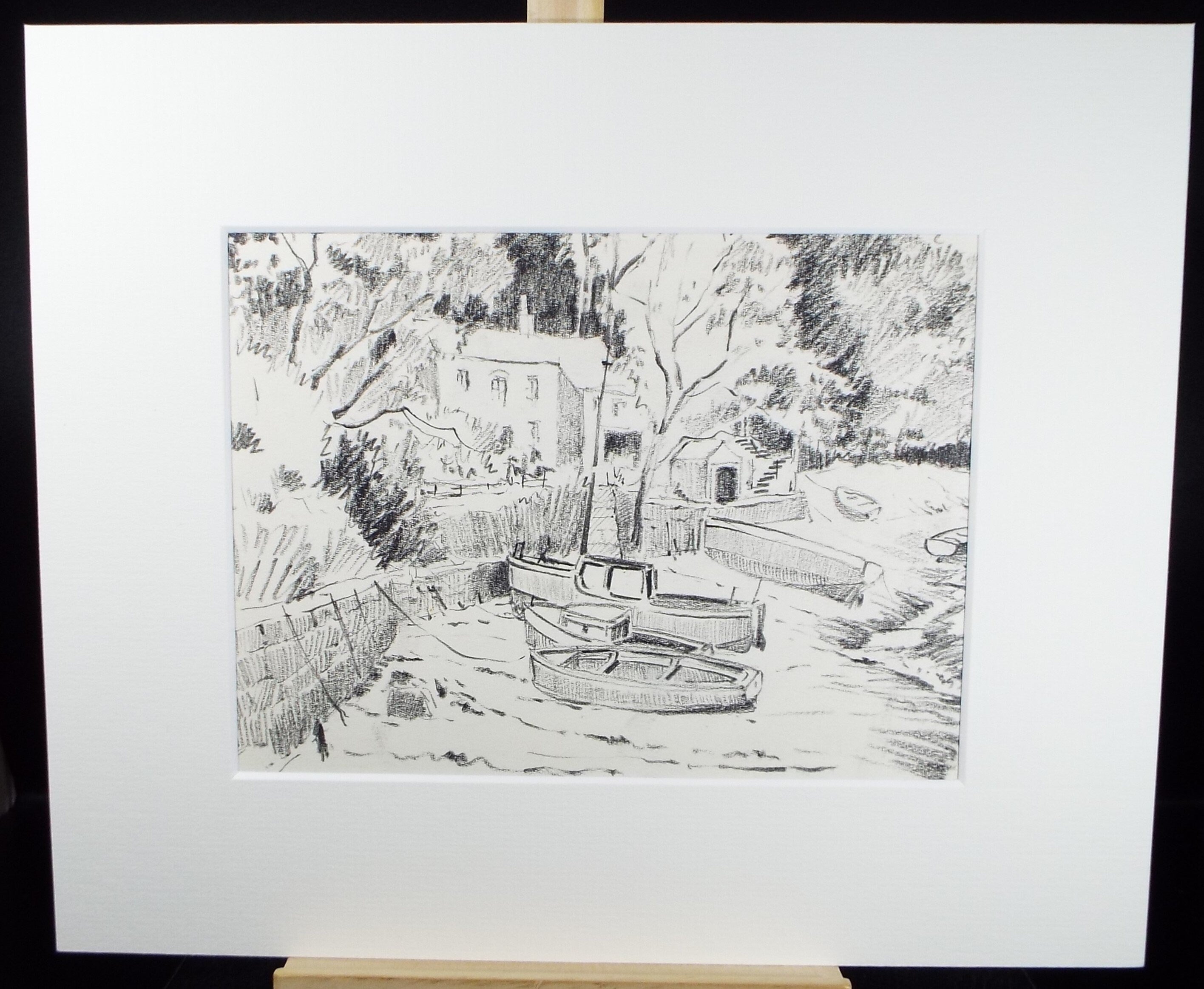 Original Pencil Drawing, 'Village with Moored Boats', circa 1990's , Artist Unknown