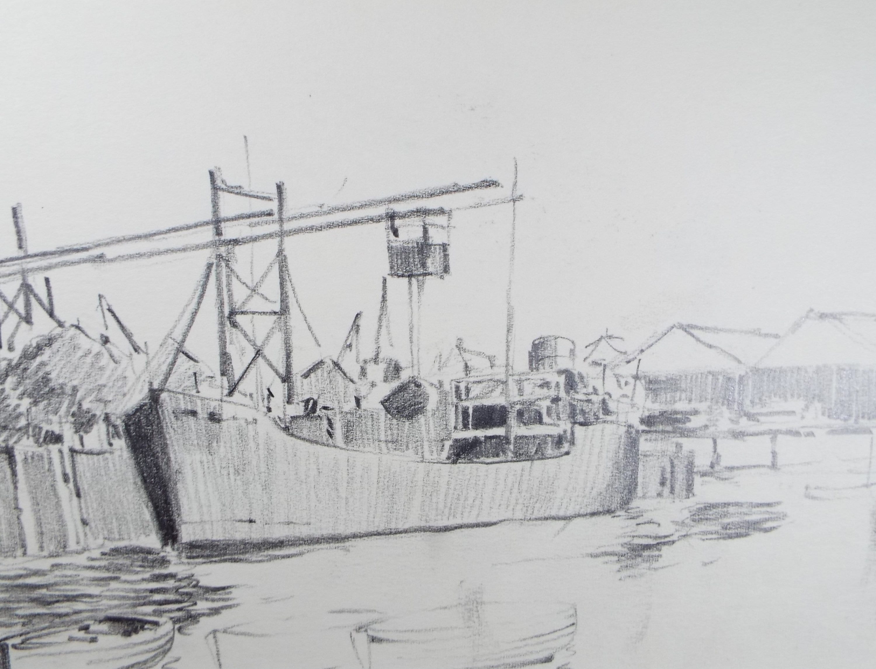 Original Pencil Drawing, 'Unloading Cargo', circa 1990's , Artist Unknown