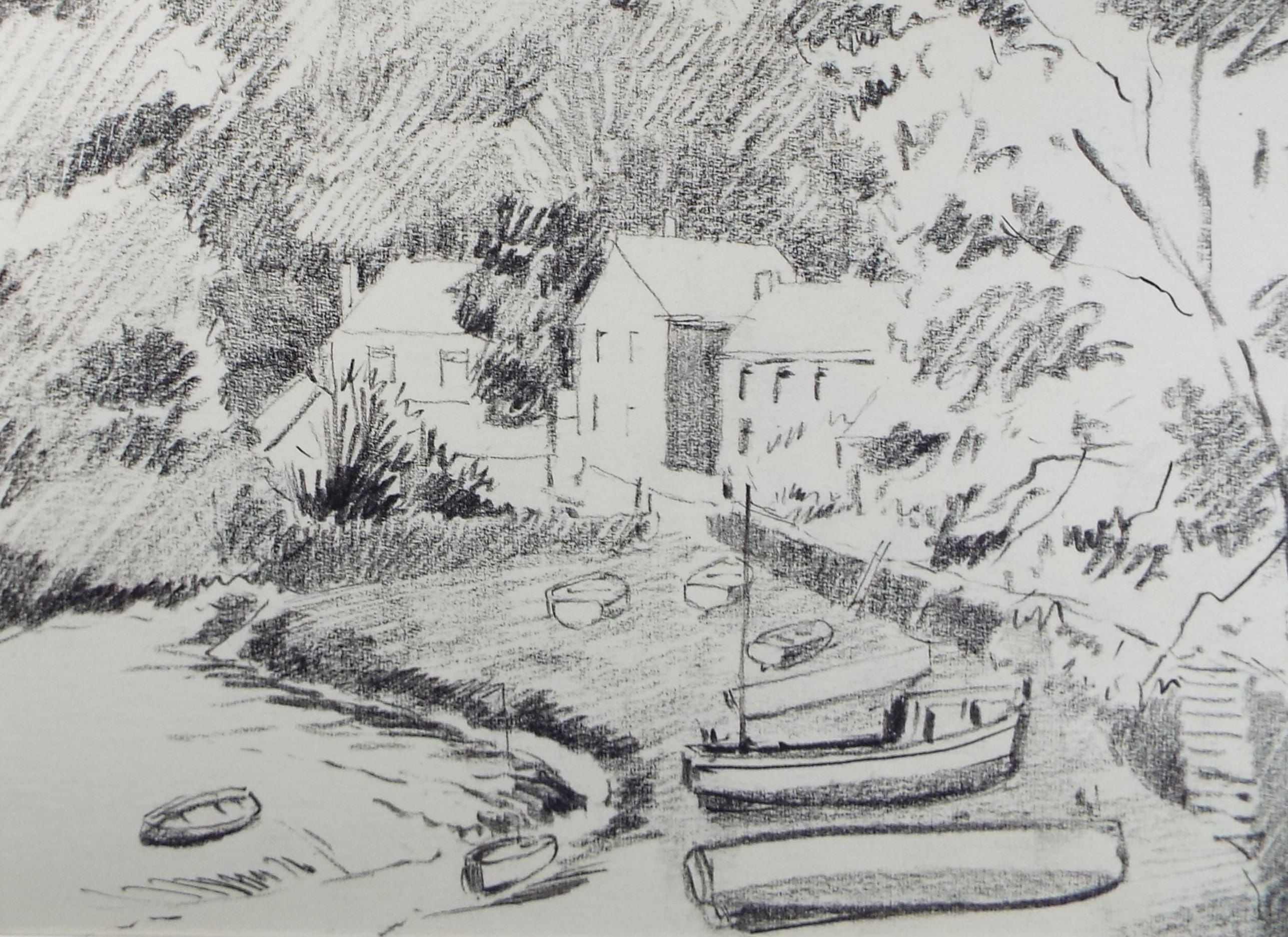 Original Pencil Drawing, 'Village with Moored Boats', circa 1990's , Artist Unknown