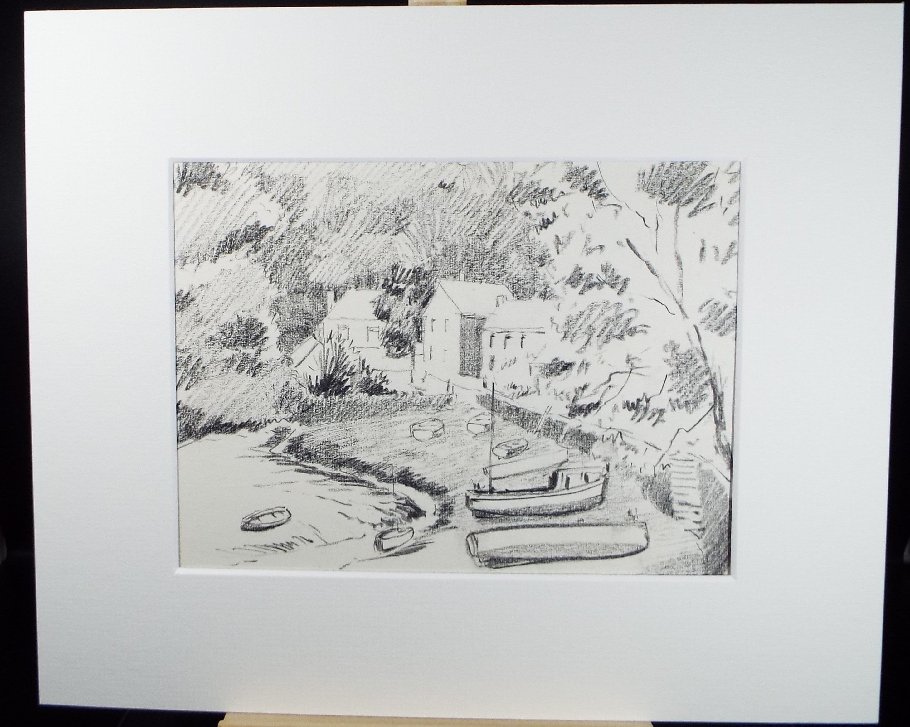 Original Pencil Drawing, 'Village with Moored Boats', circa 1990's , Artist Unknown