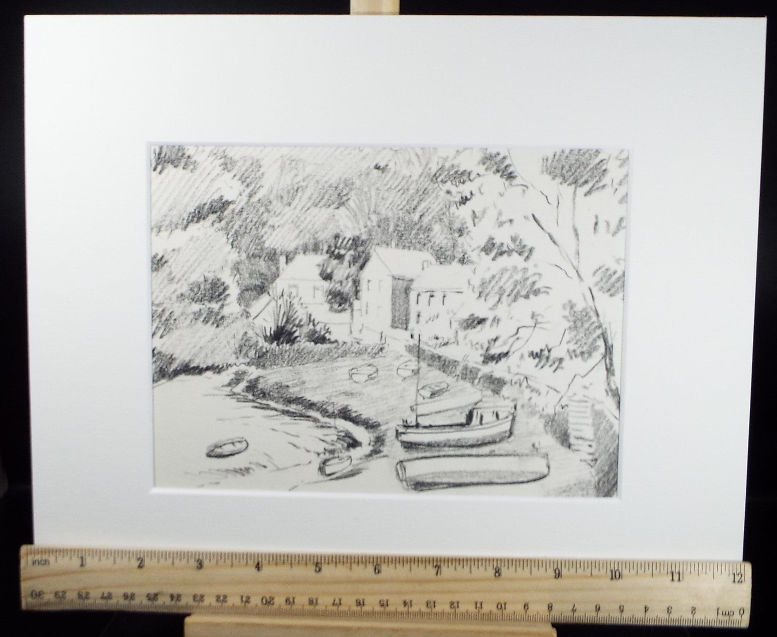 Original Pencil Drawing, 'Village with Moored Boats', circa 1990's , Artist Unknown