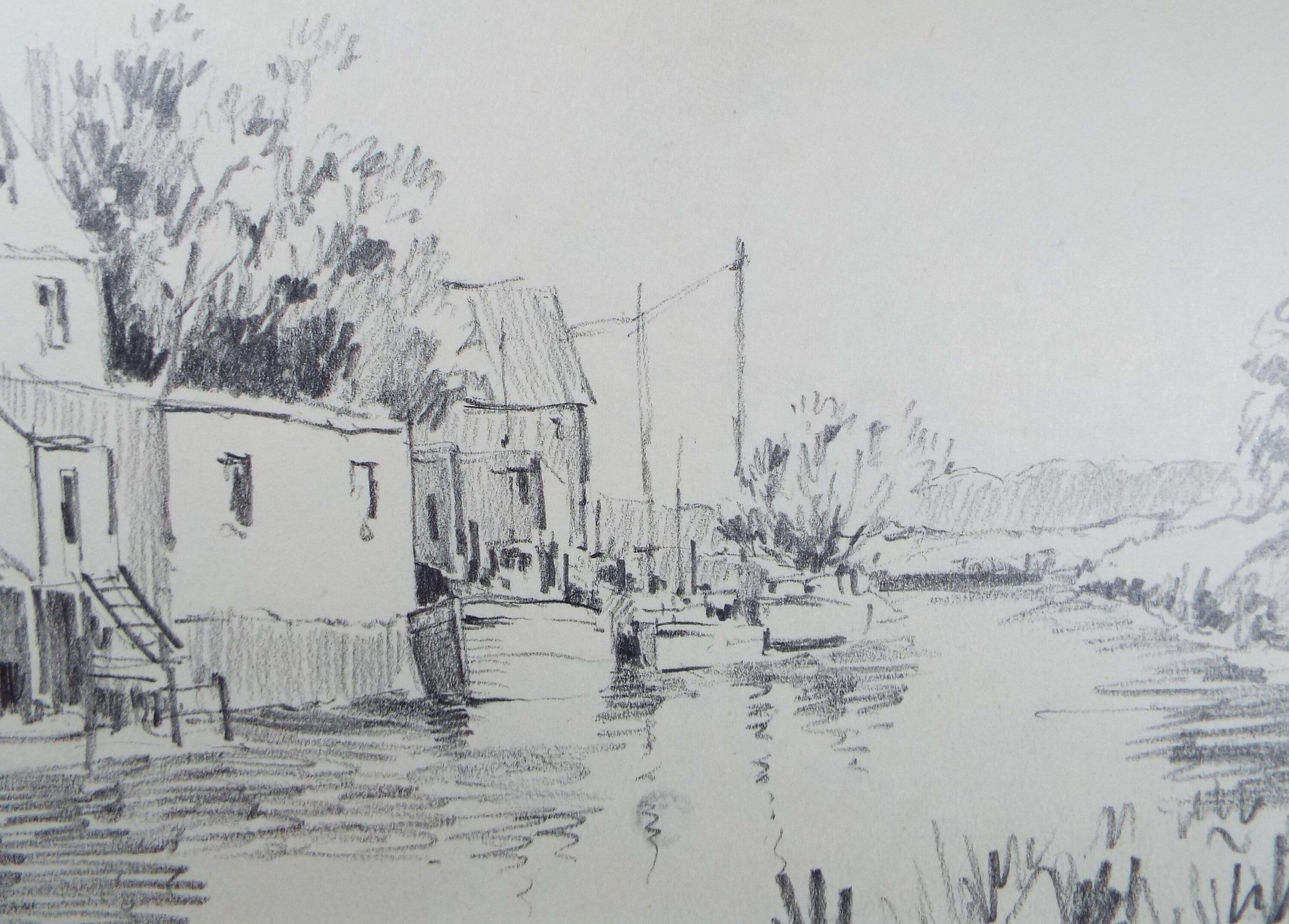 Original Pencil Drawing, 'River with moored boats', circa 1990's , Artist Unknown