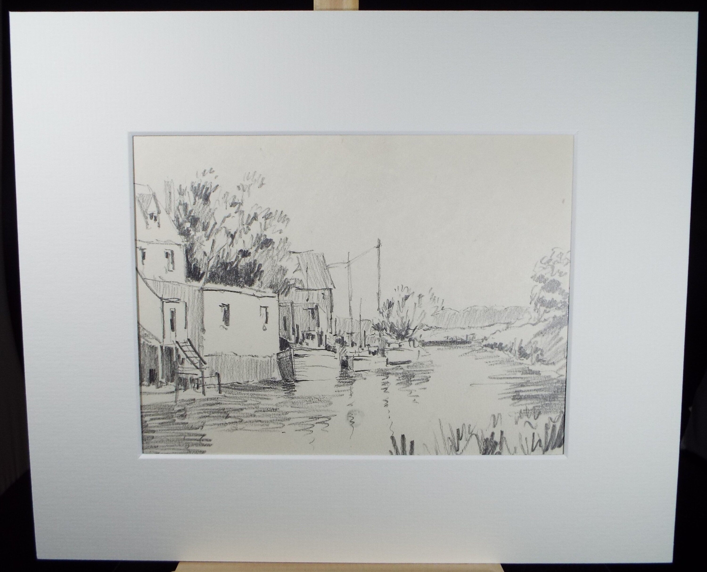 Original Pencil Drawing, 'River with moored boats', circa 1990's , Artist Unknown