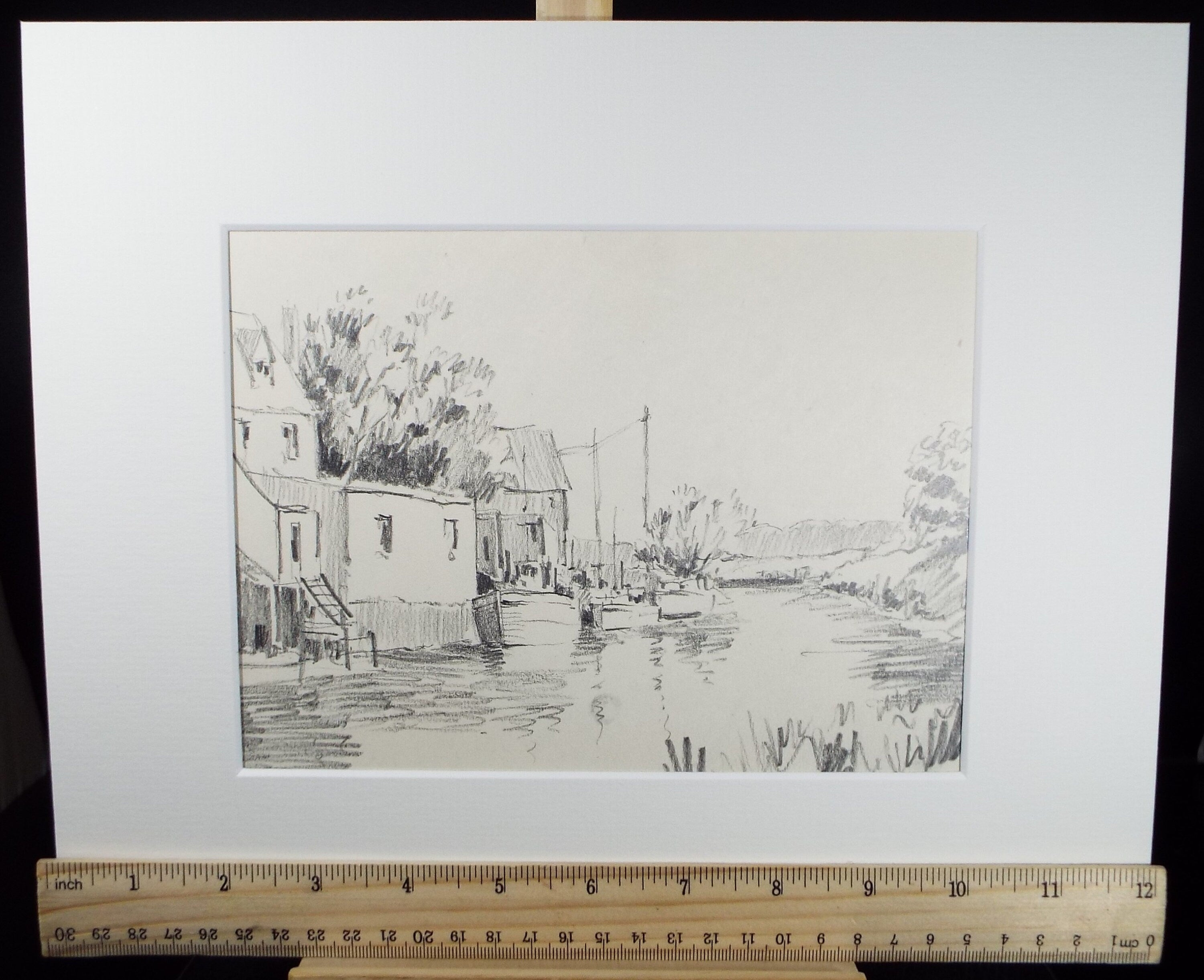 Original Pencil Drawing, 'River with moored boats', circa 1990's , Artist Unknown