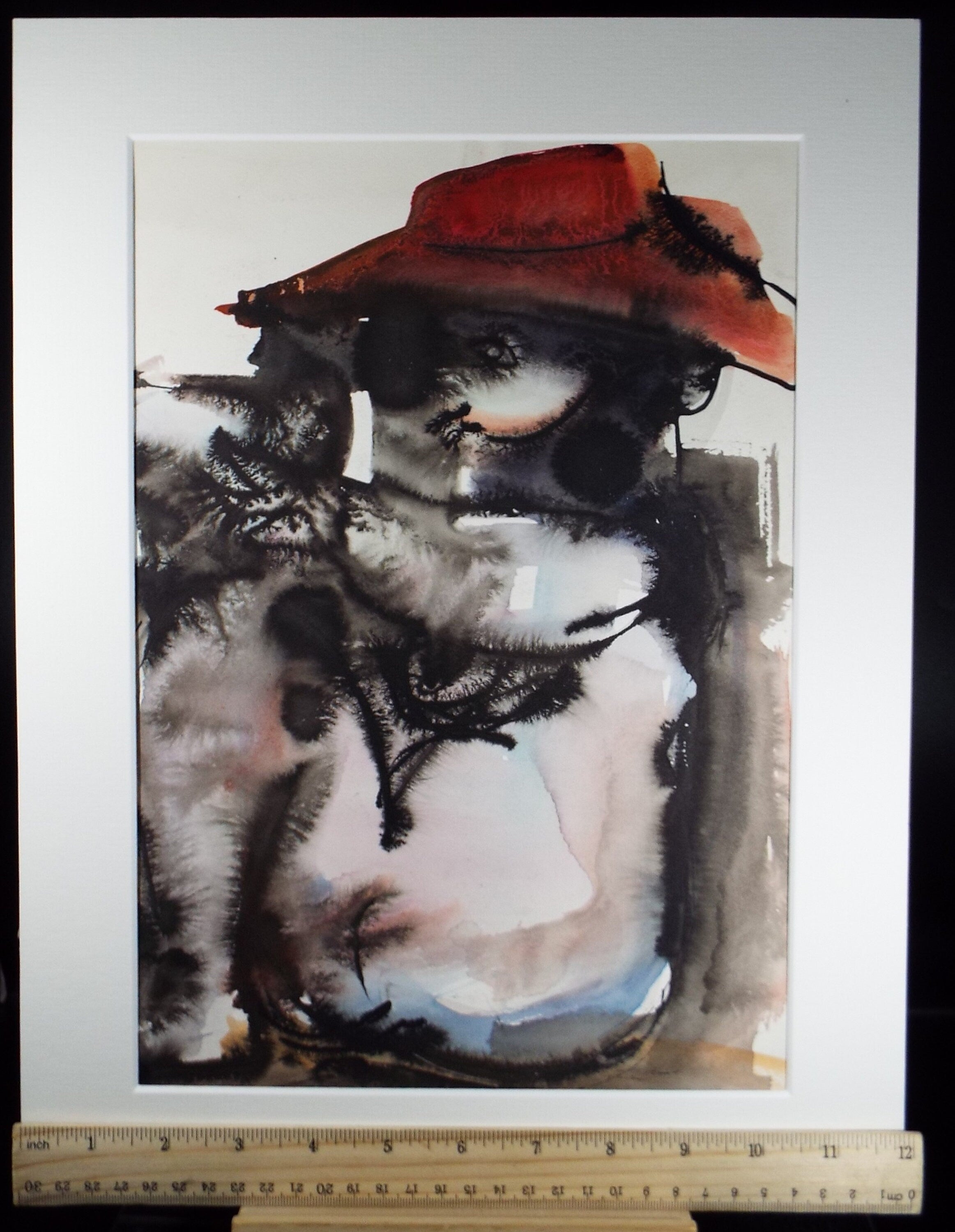 Original Watercolour, 'Figure in a Red Hat', Circa 1960's, Signed Evohnav?