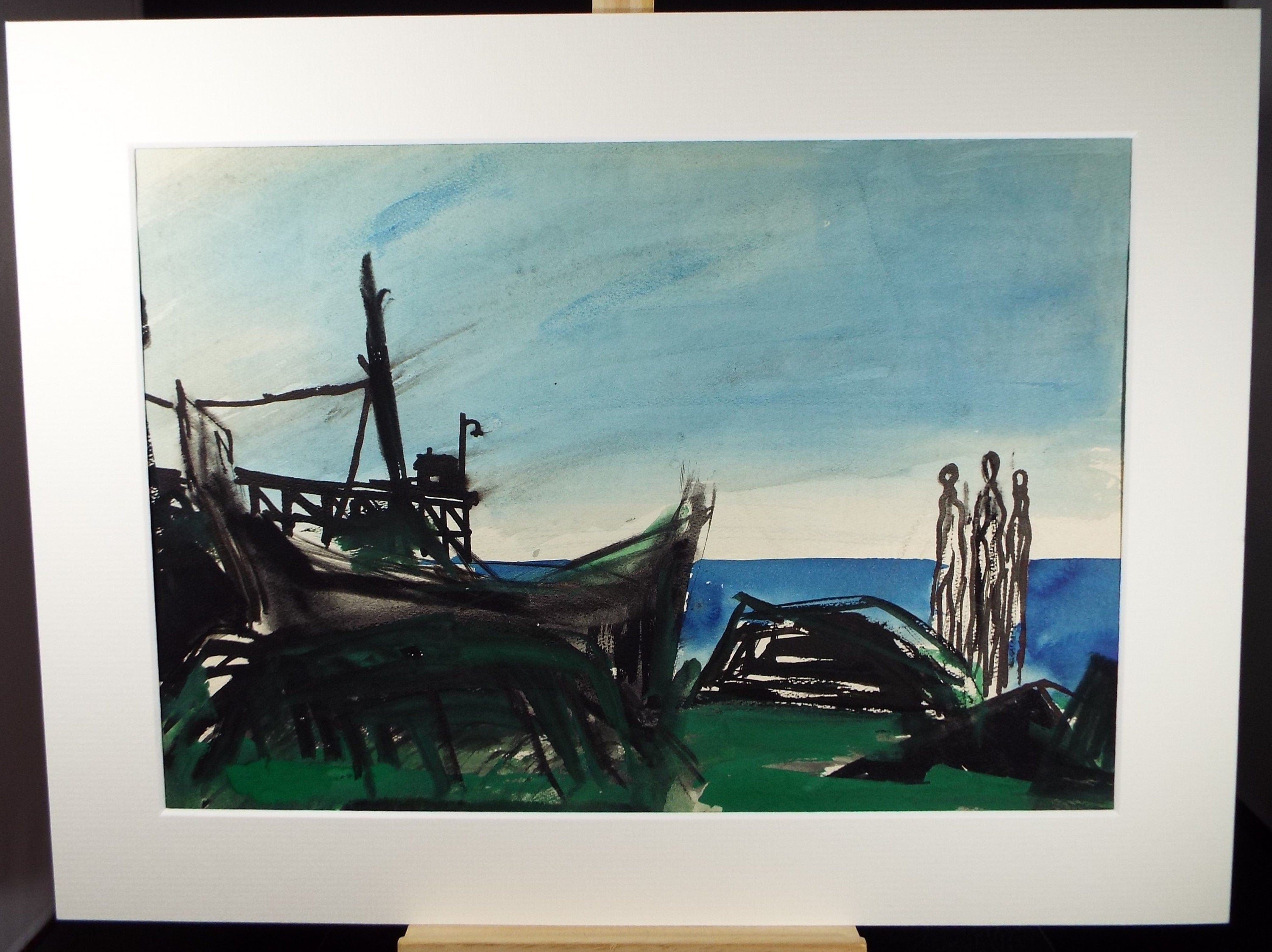 Original Watercolour, 'Figures at the Shore', Circa 1960's, Signed Evohnav?