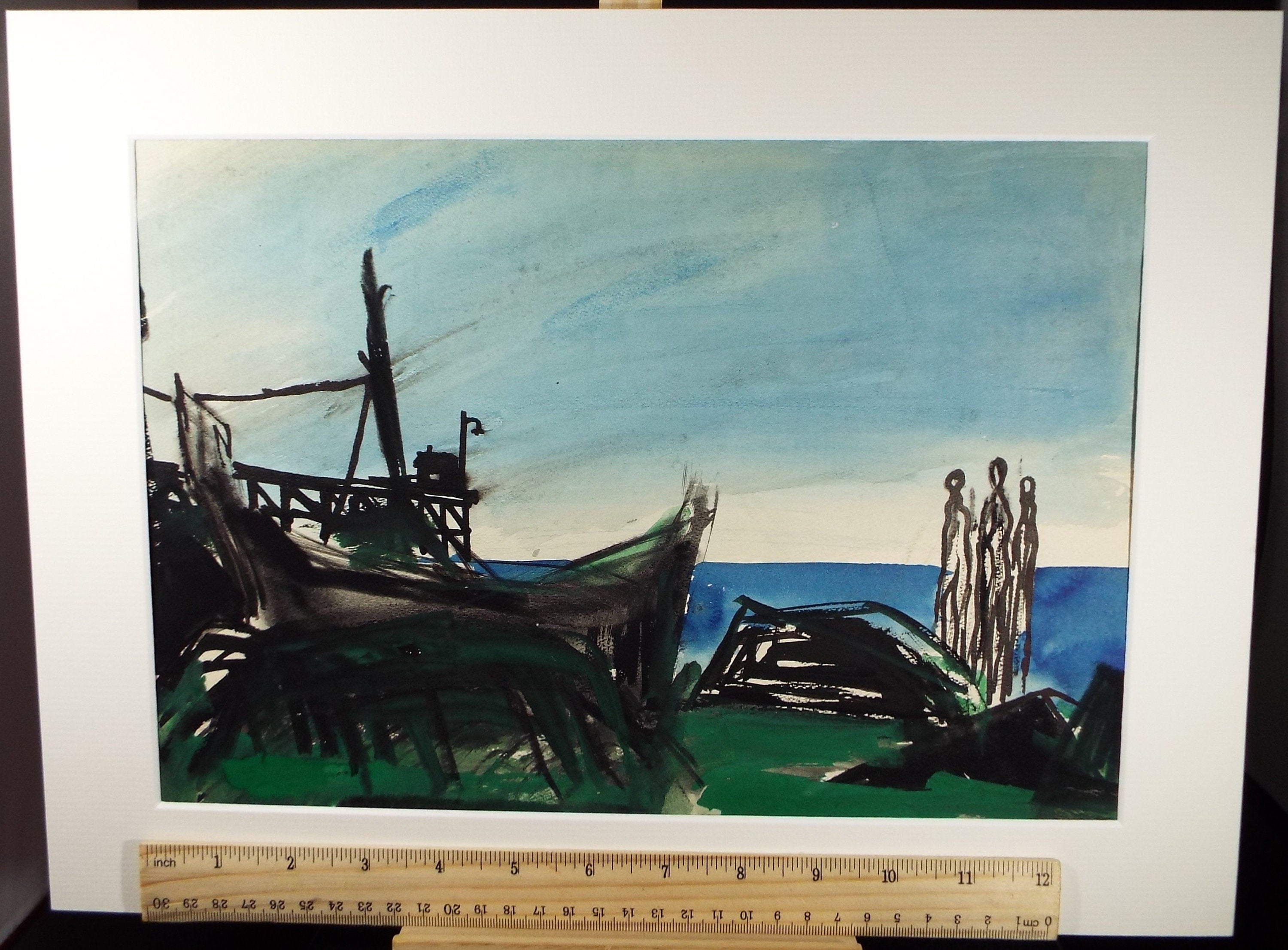 Original Watercolour, 'Figures at the Shore', Circa 1960's, Signed Evohnav?