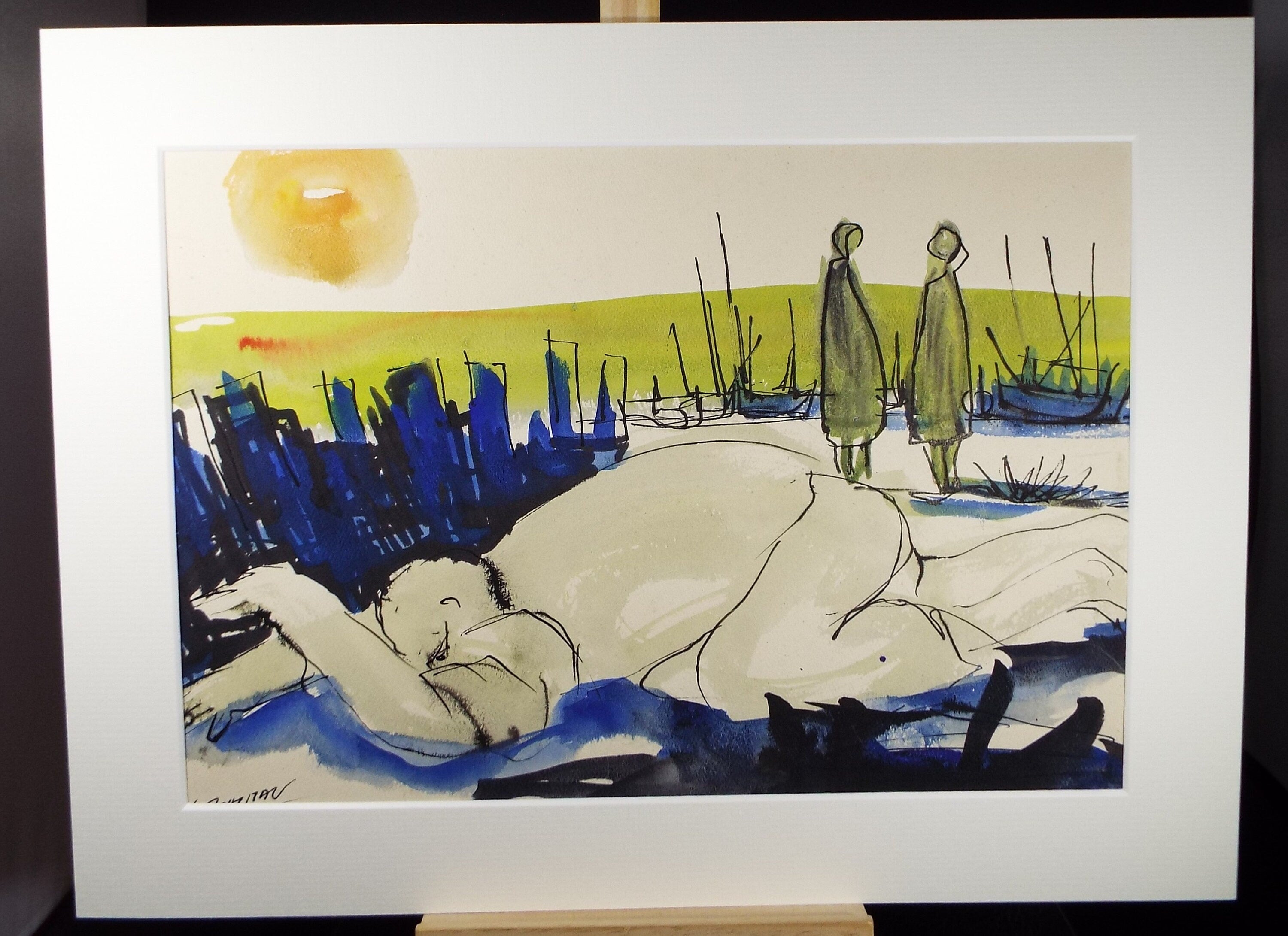 Original Watercolour, 'Crouching Figure', Circa 1960's, Signed Evohnav?