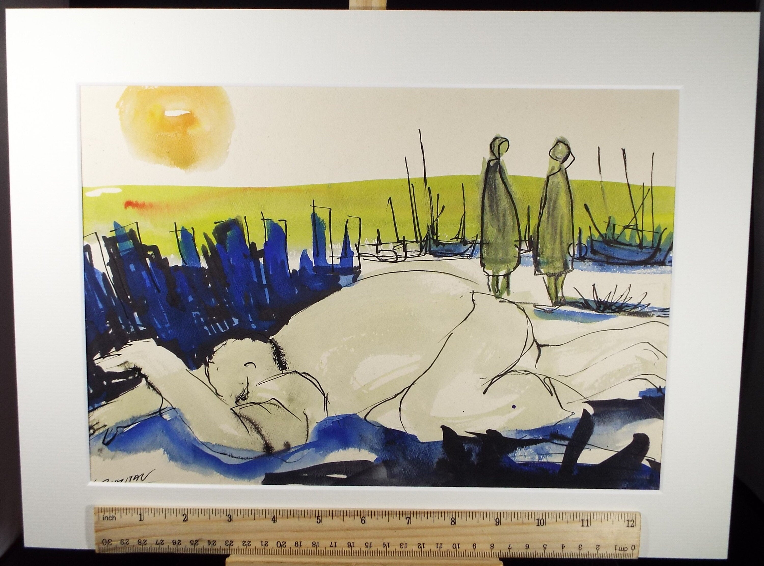 Original Watercolour, 'Crouching Figure', Circa 1960's, Signed Evohnav?