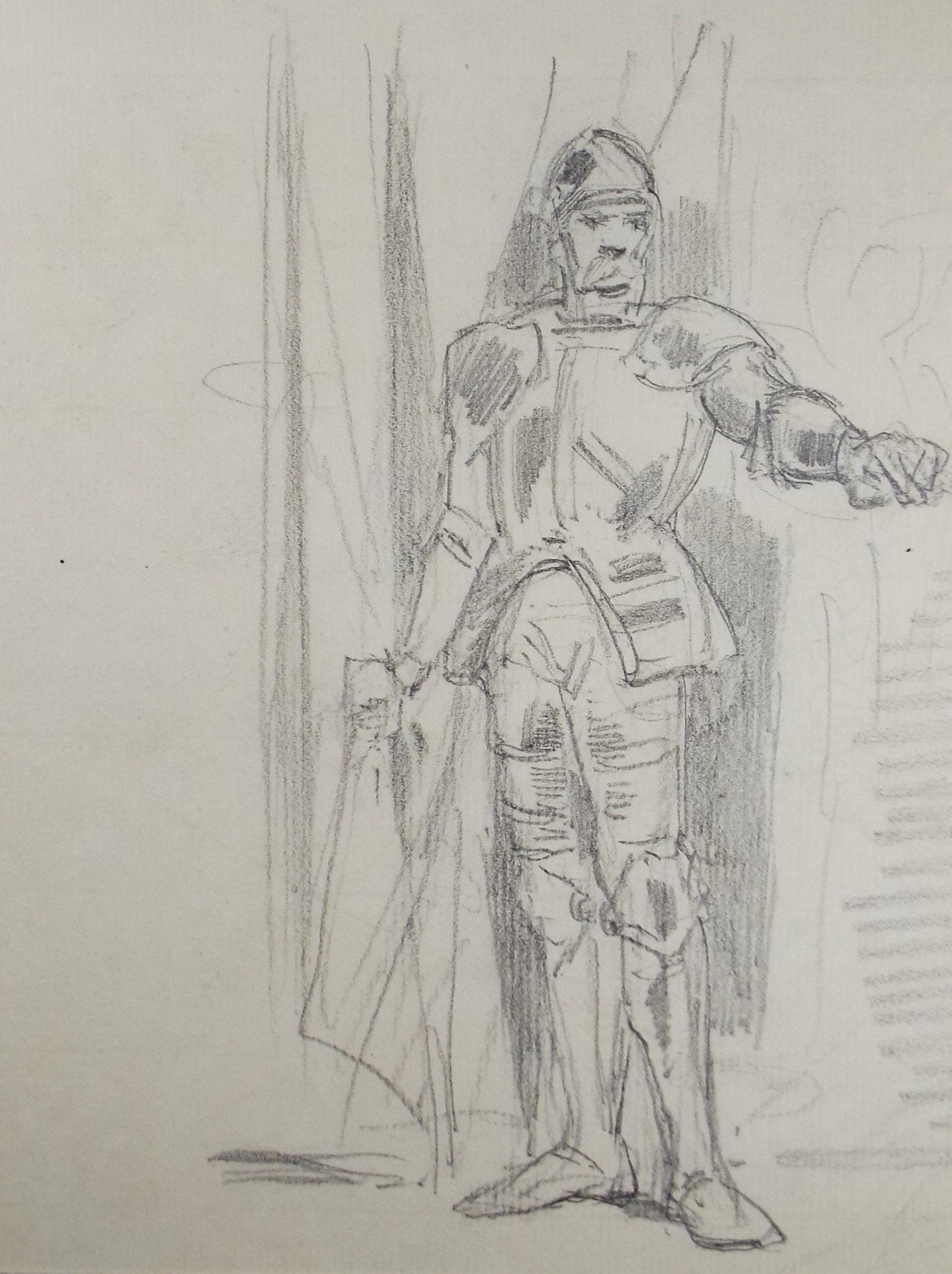 Original Pencil Drawing, 'Figure in Armour', John Wood (1801-1870)