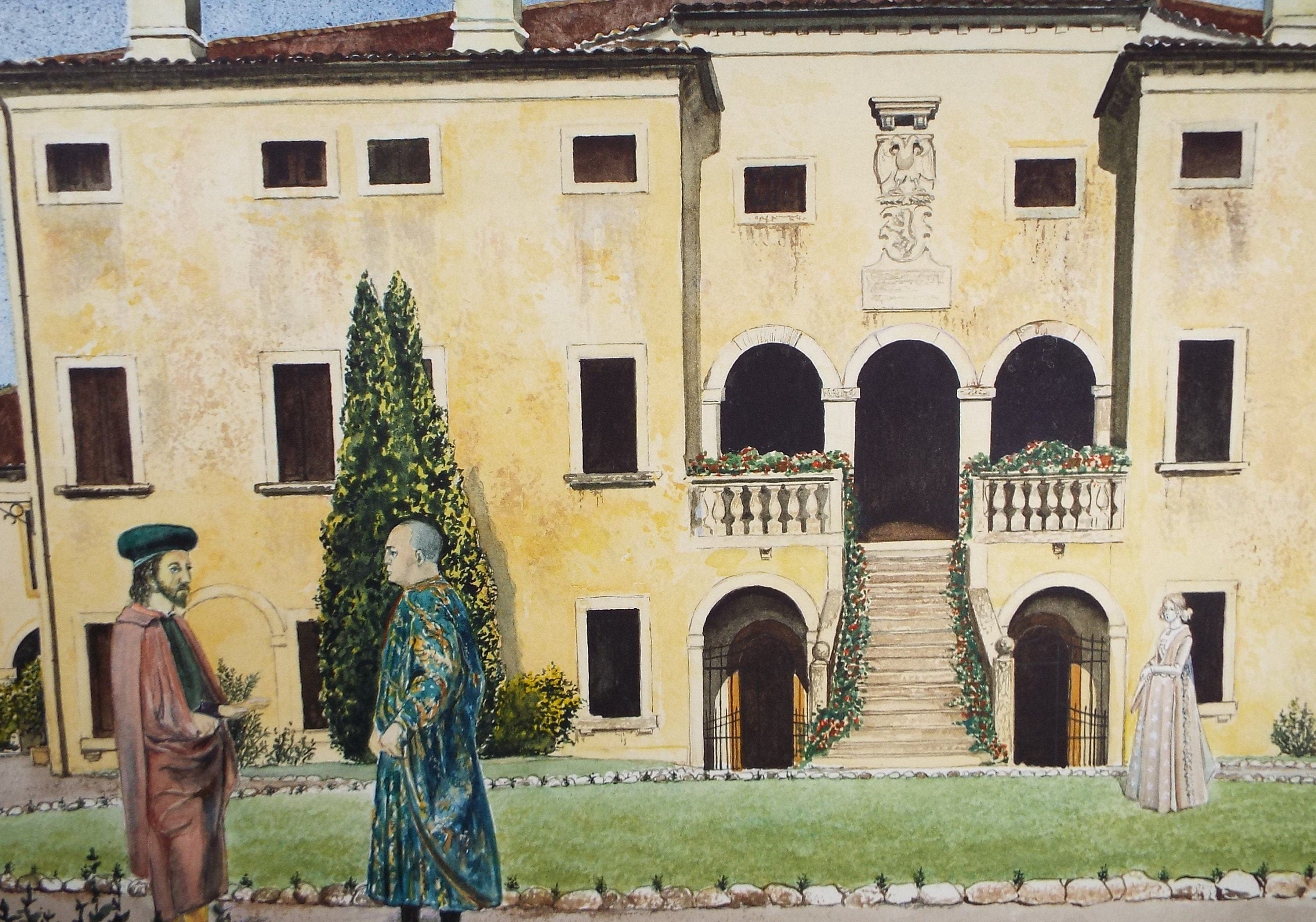 Original Watercolour, 'Villa with Medici Figures', Falconer Houston, dated 1991