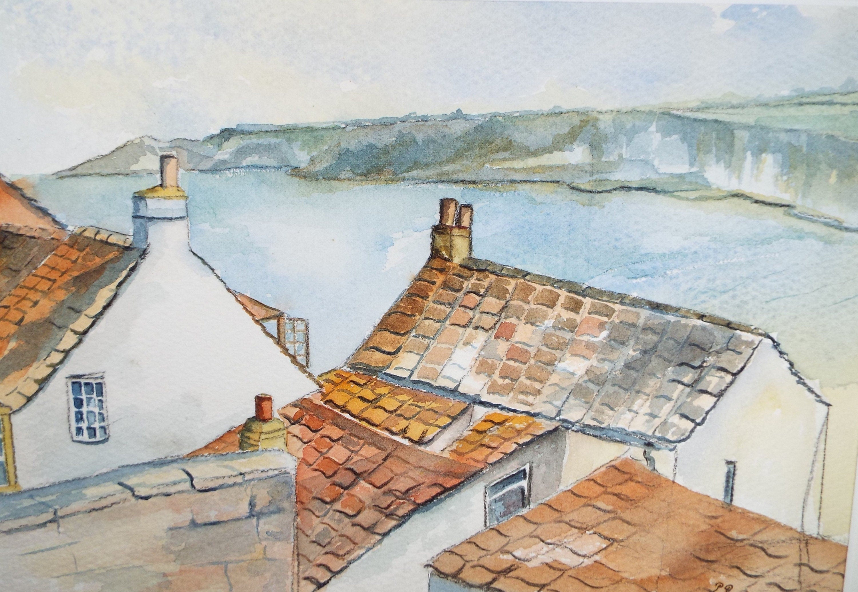 Original Watercolour, 'Roofs of Coastal Cottages', Circa 1990's, Artist Unknown