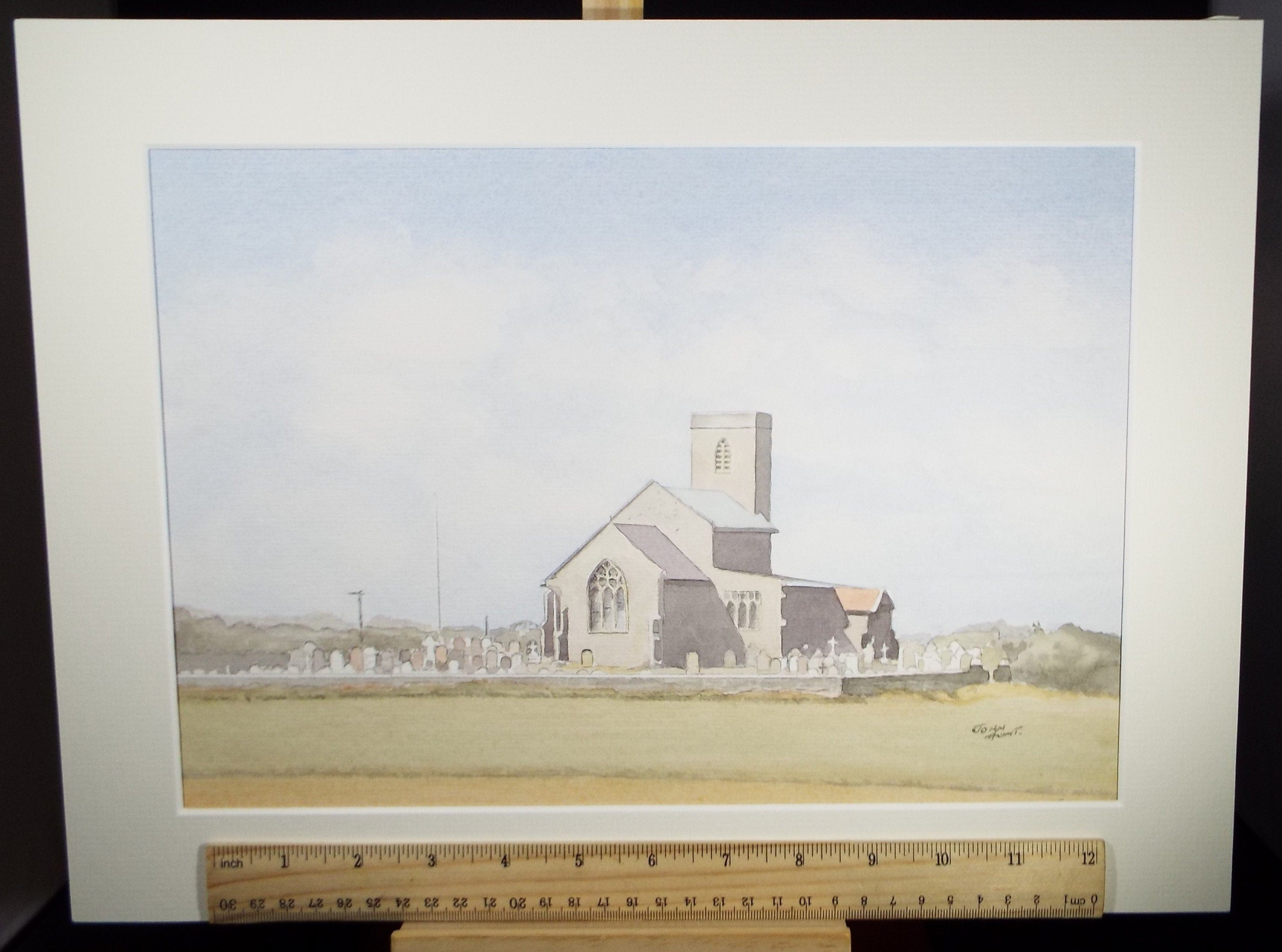 Original Watercolour on Paper, 'Church & Churchyard' Circa 1990's, John Hunt