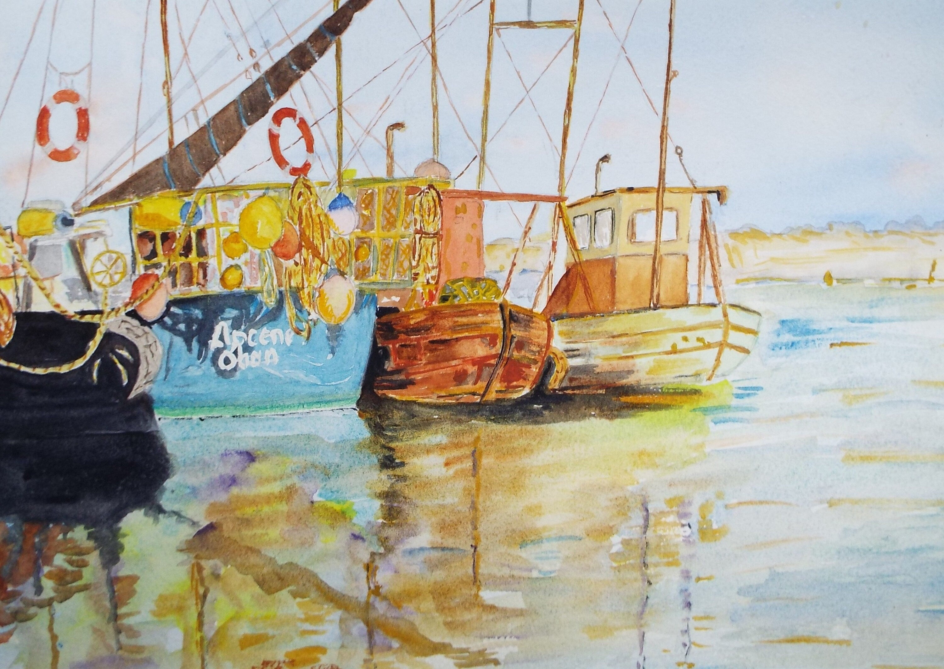 Original Watercolour Drawing, 'Moored Fishing Boats', Circa 1990's, Artist Unknown