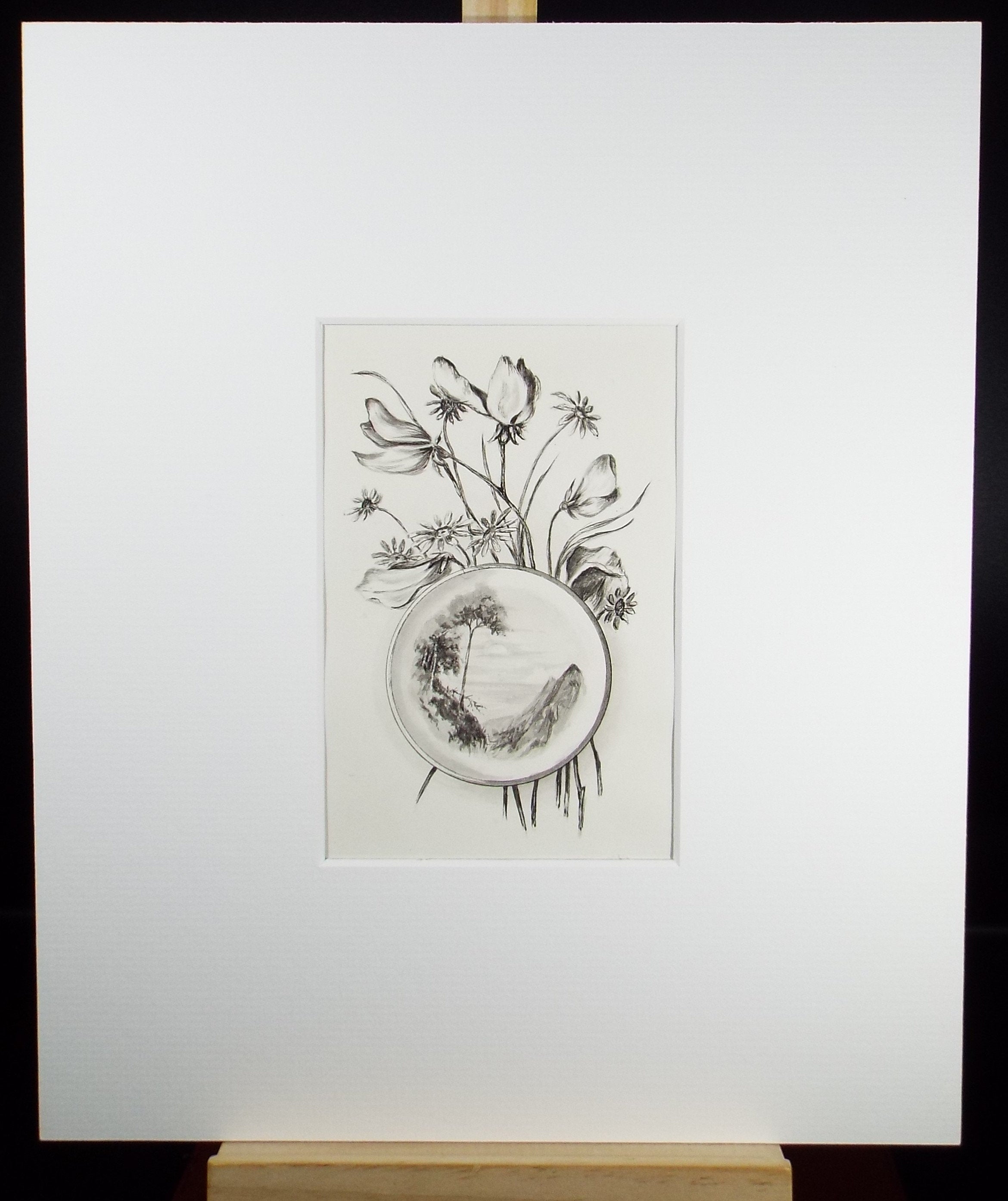 Original Watercolour, 'Meadow Flowers and inset Landscape',circa 1880's, Unknown Artist