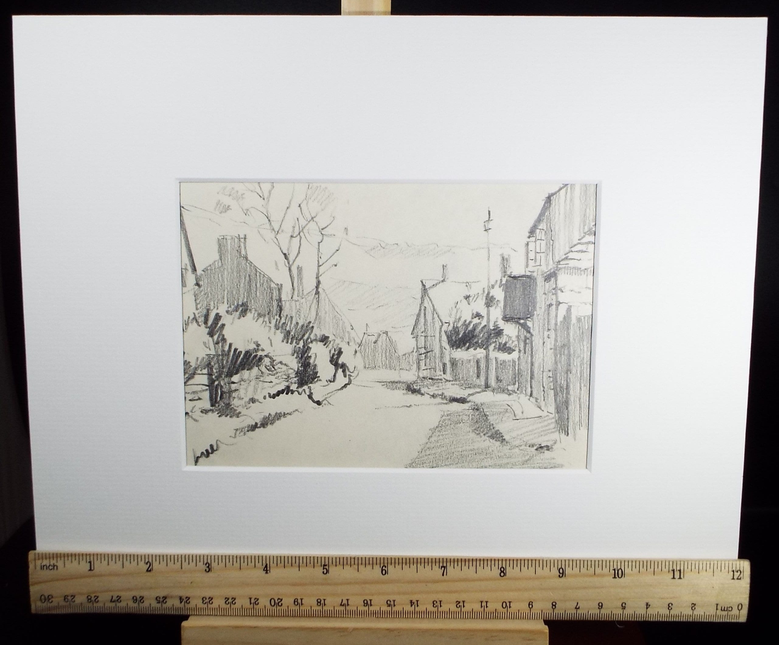 Original Pencil Drawing, 'Street with Buildings', circa 1990's , Artist Unknown