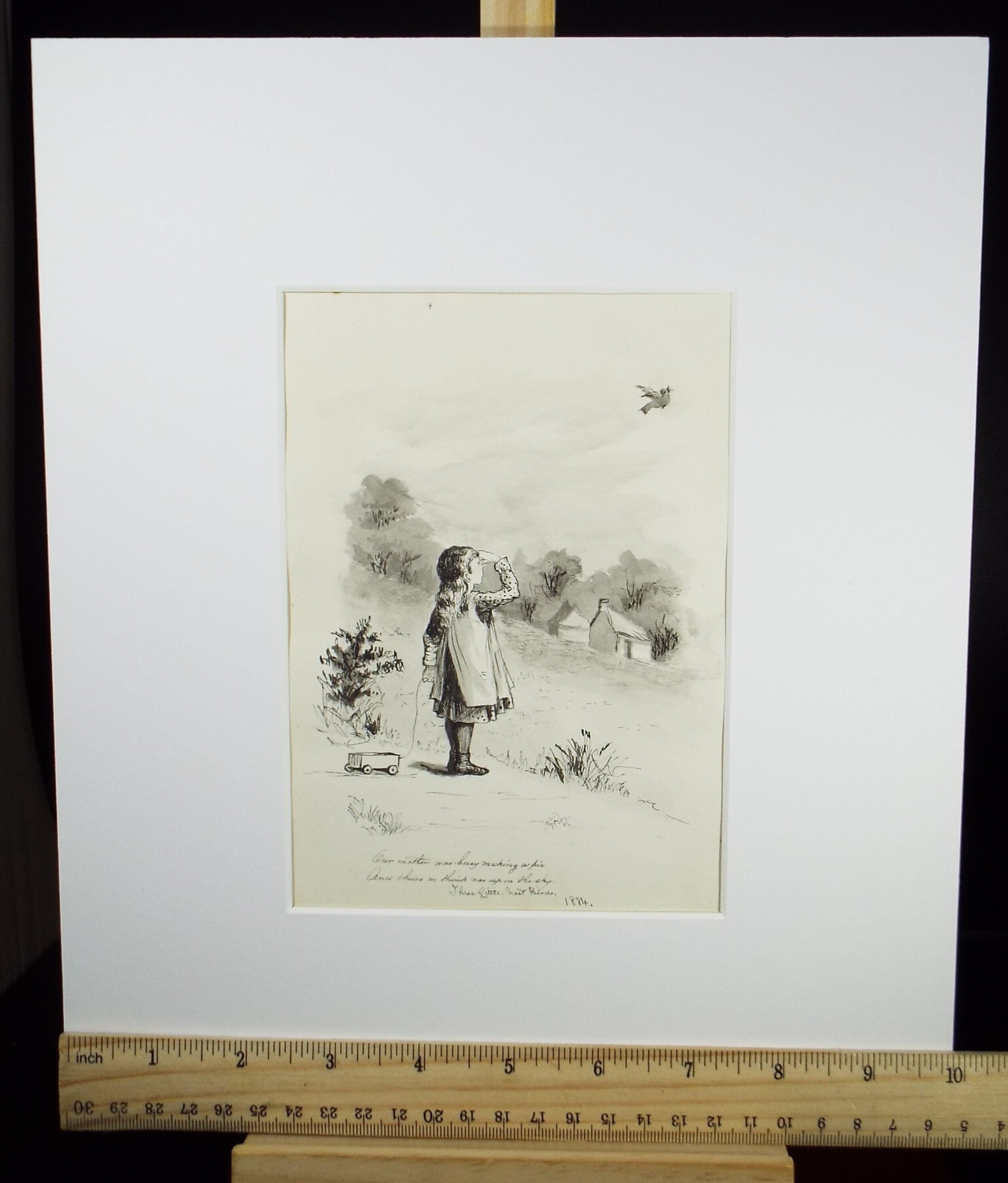 Original Pen & Ink Sketch, 'Child Observing a Bird', Dated 1884, Artist Unknown