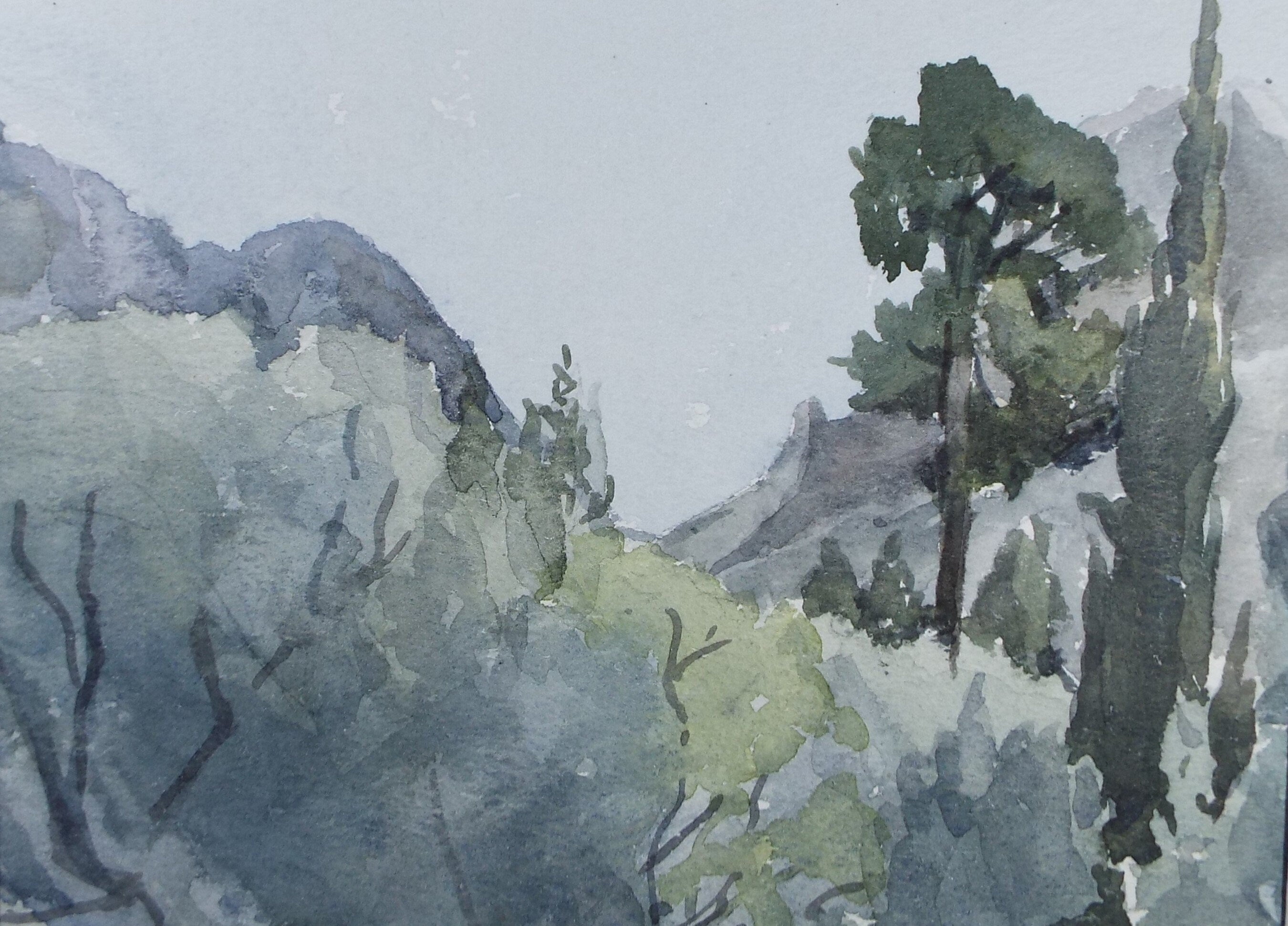 Original Watercolour drawing, 'Landscape with Cyprus Trees', Muriel Archer (1911-2011)