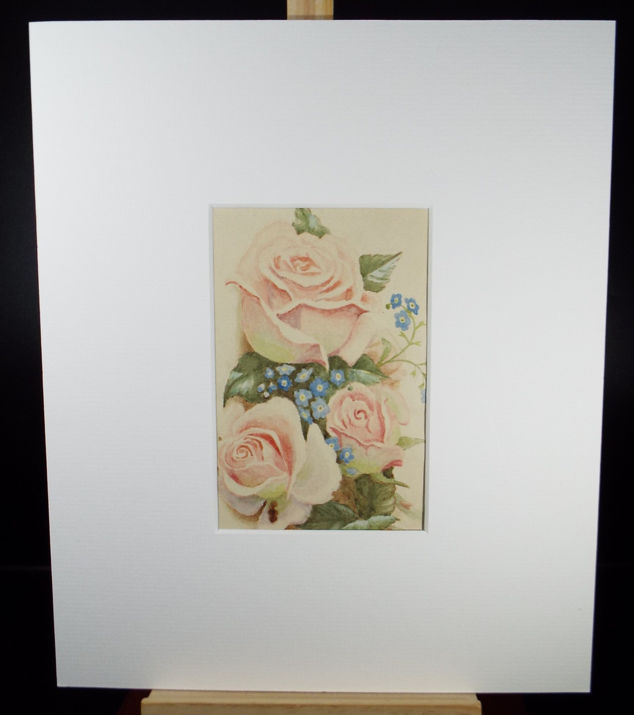 Original Watercolour, 'Pink Roses and forget me not', 1930's, Artist Unknown