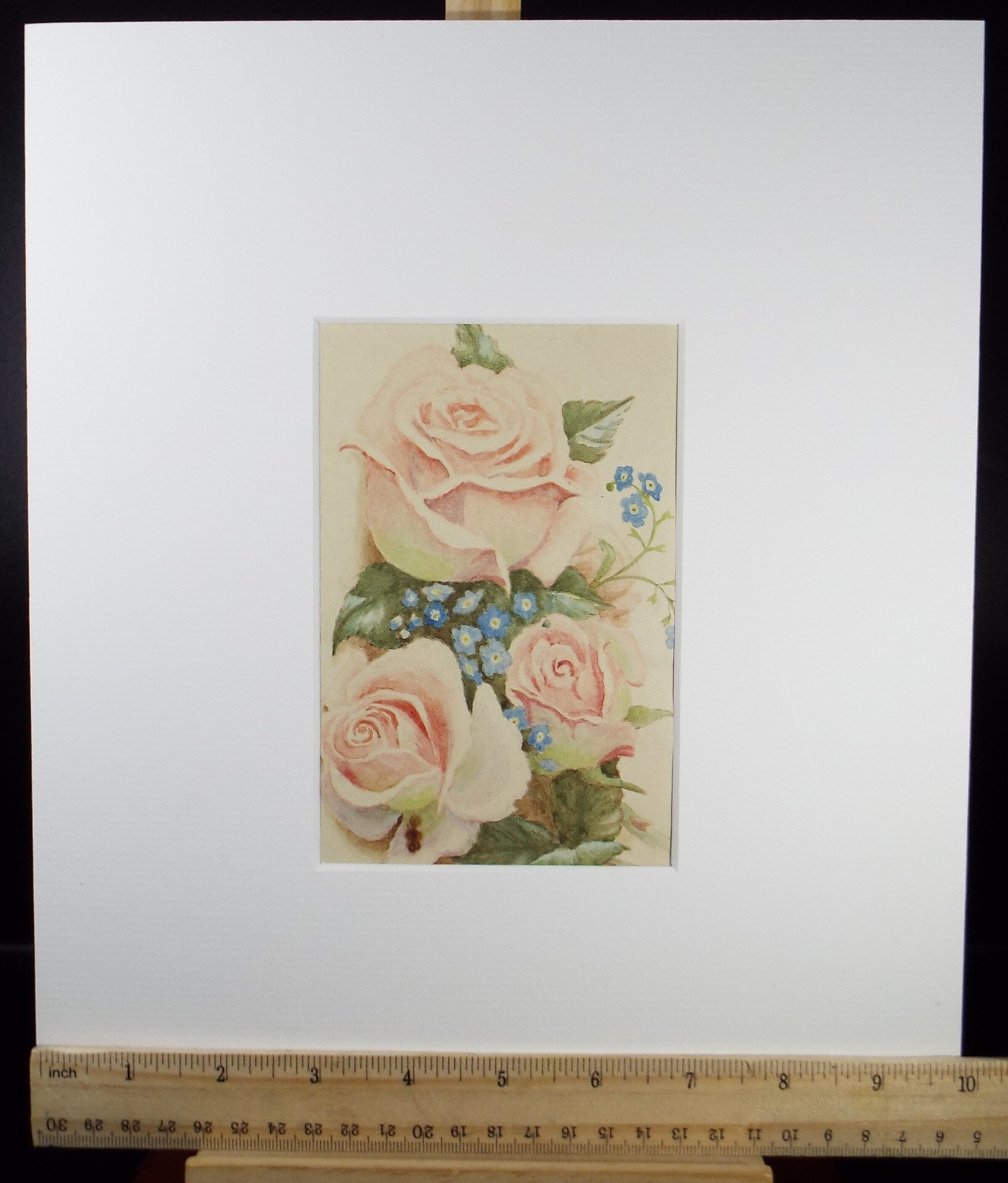 Original Watercolour, 'Pink Roses and forget me not', 1930's, Artist Unknown