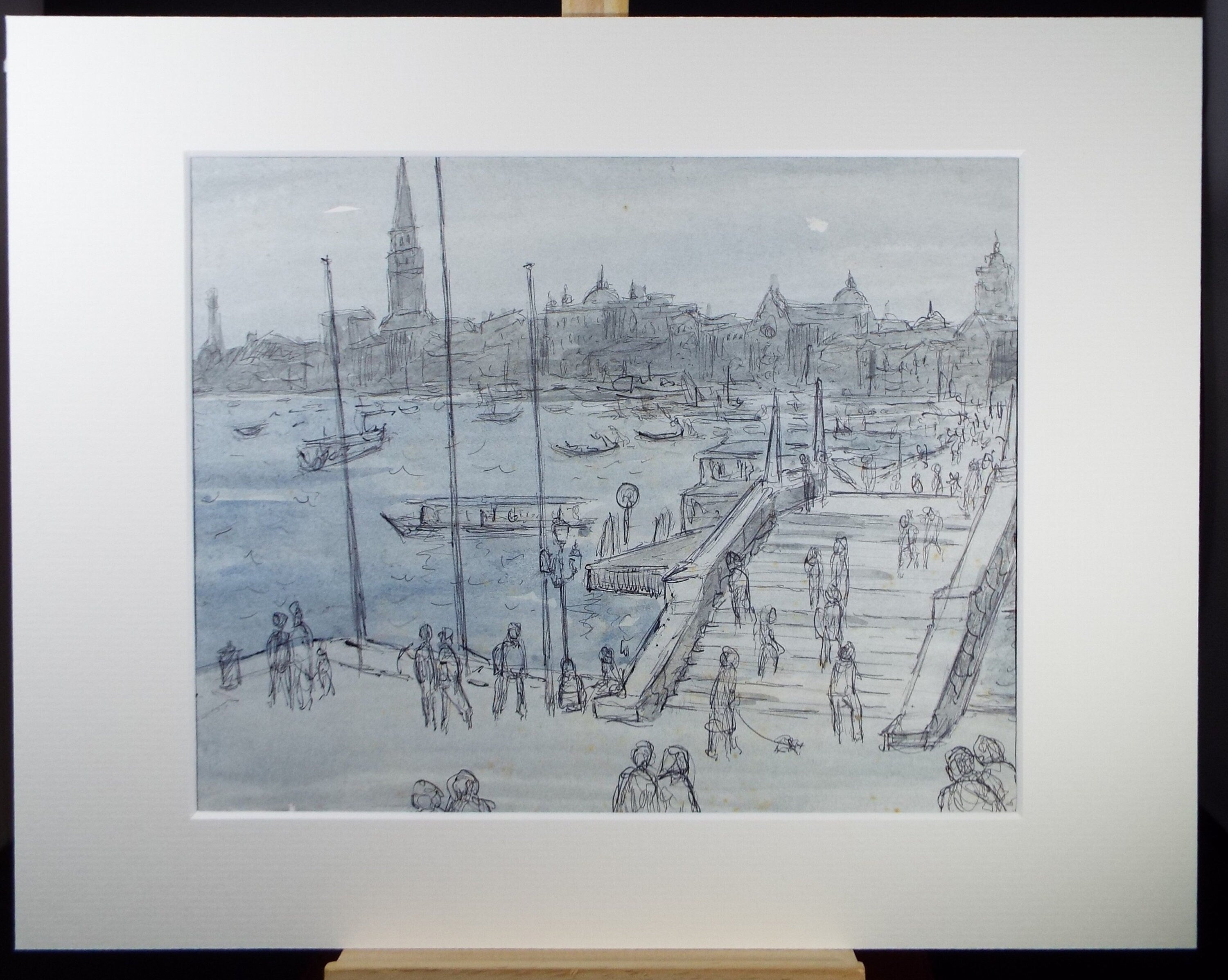 Original Ink & Watercolour drawing, 'Venetian Lagoon with Figures', Muriel Archer (1911-2011)