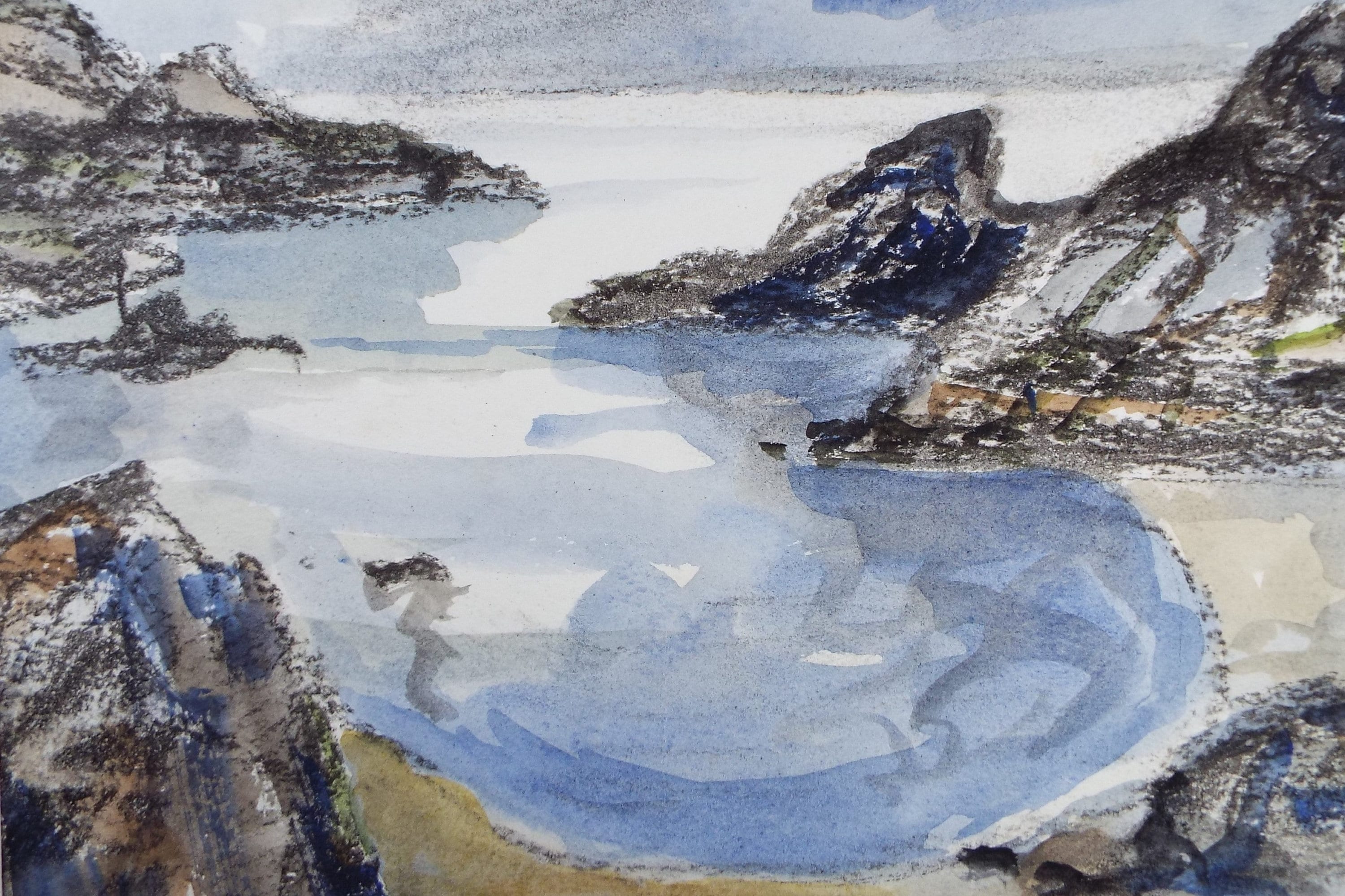 Original Watercolour & Conte drawing, 'Secluded Bay', Muriel Archer (1911-2011)