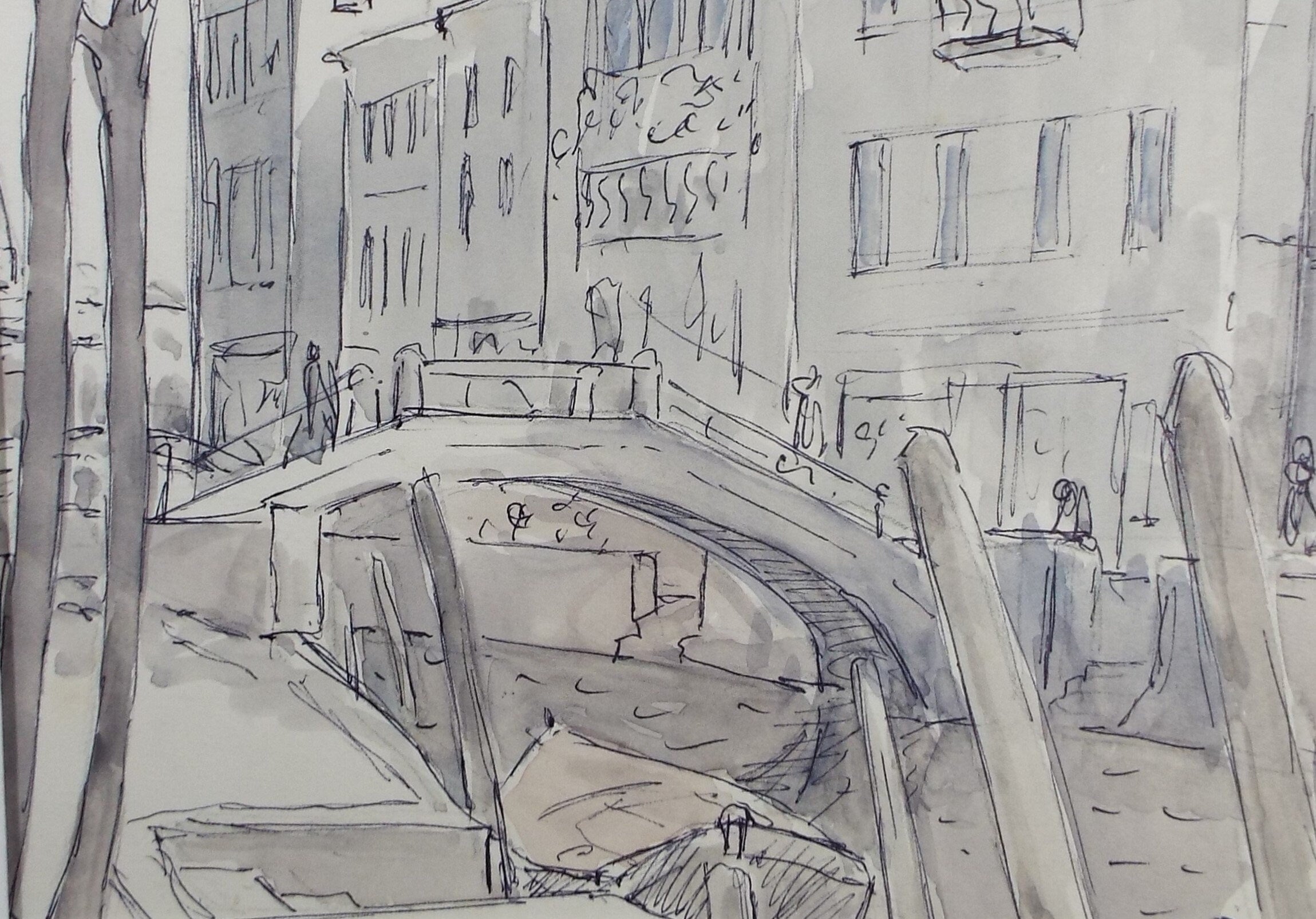 Original Watercolour & Ink drawing, 'Canal Bridge', Muriel Archer (1911-2011)