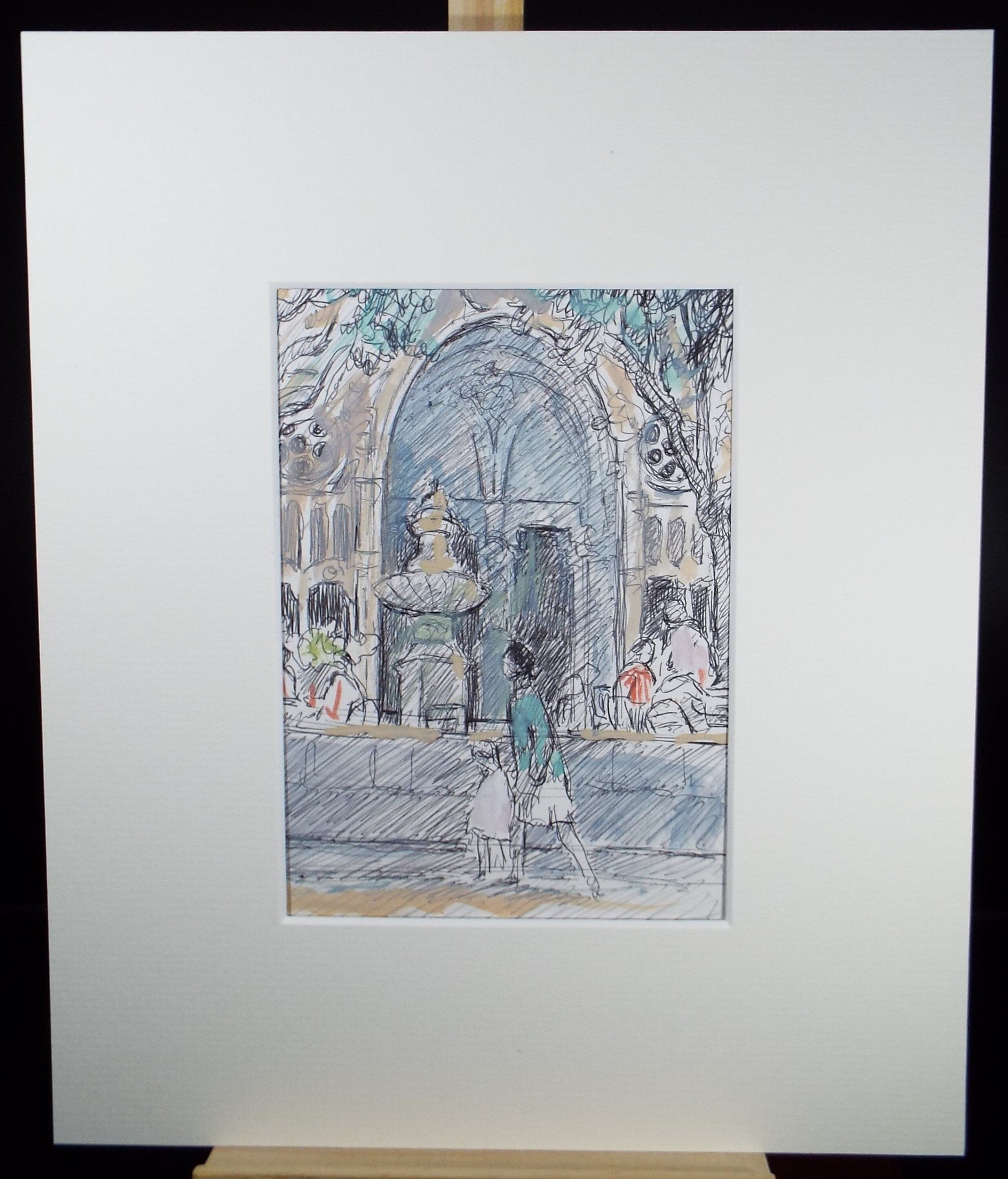 Original Watercolour & ink drawing, 'Figures by a fountain', Muriel Archer (1911-2011)