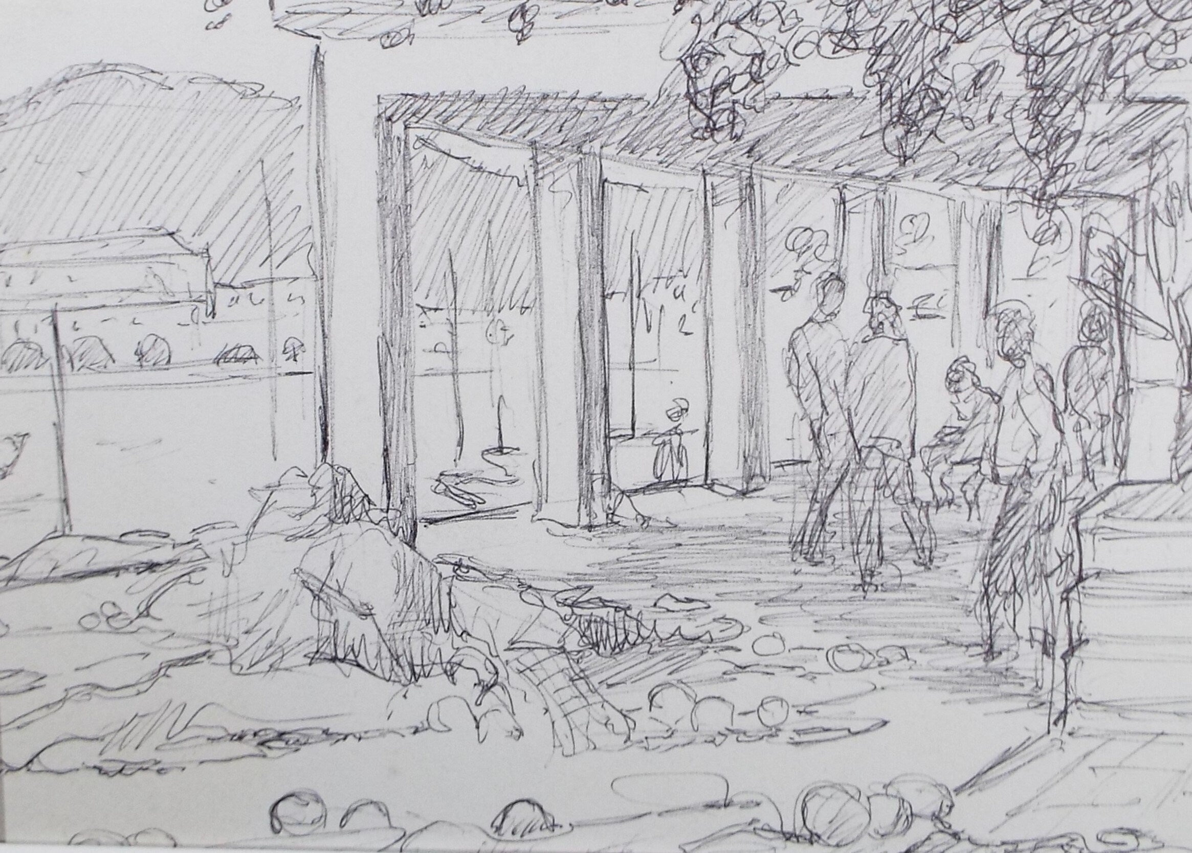 Original Pen & Ink drawing, 'Figures on the Quayside', Muriel Archer (1911-2011)