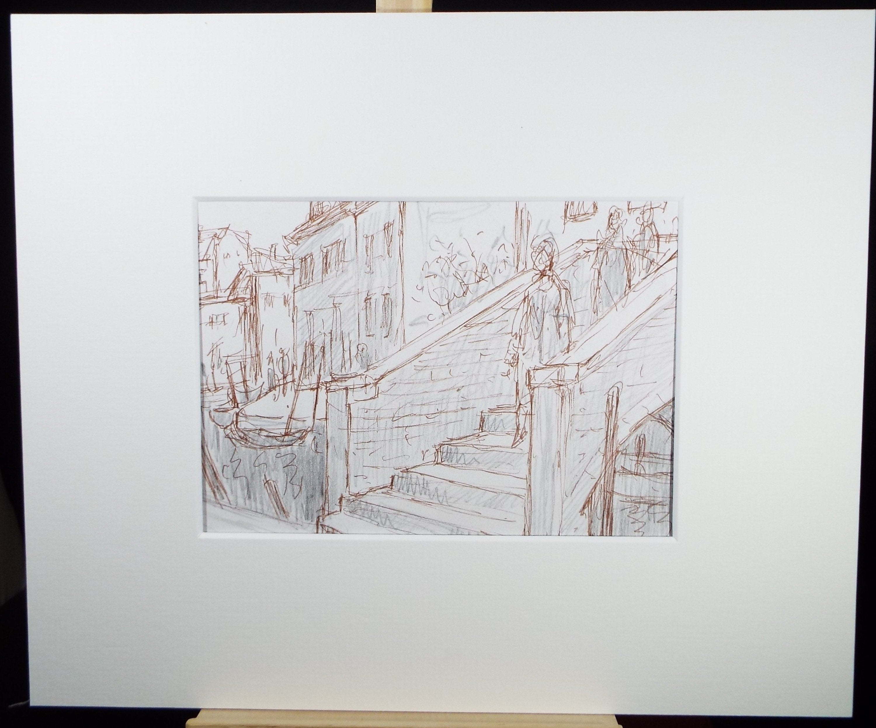 Original Pencil & Ink drawing, 'Figures on a Canal Bridge', Muriel Archer (1911-2011)