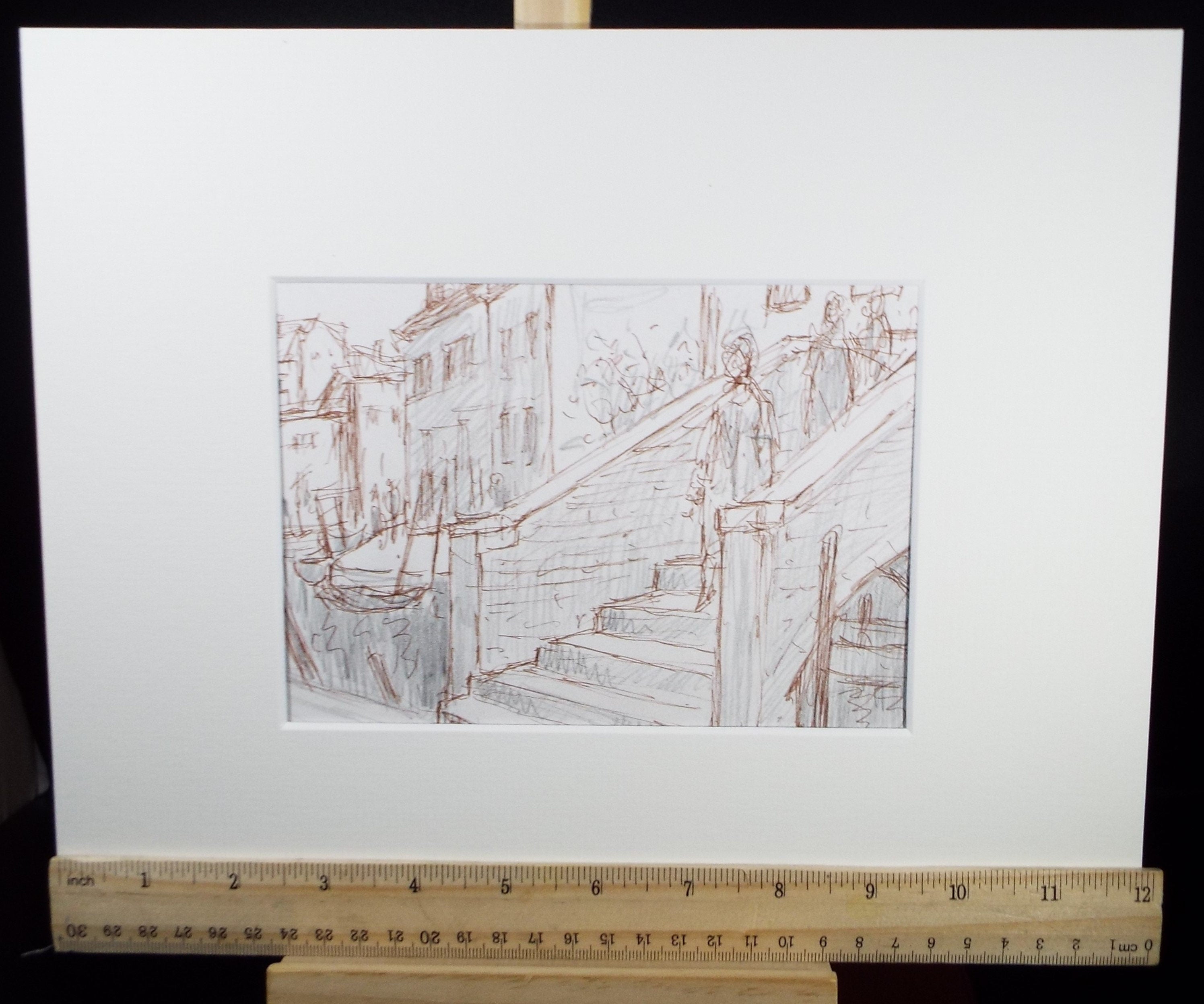 Original Pencil & Ink drawing, 'Figures on a Canal Bridge', Muriel Archer (1911-2011)