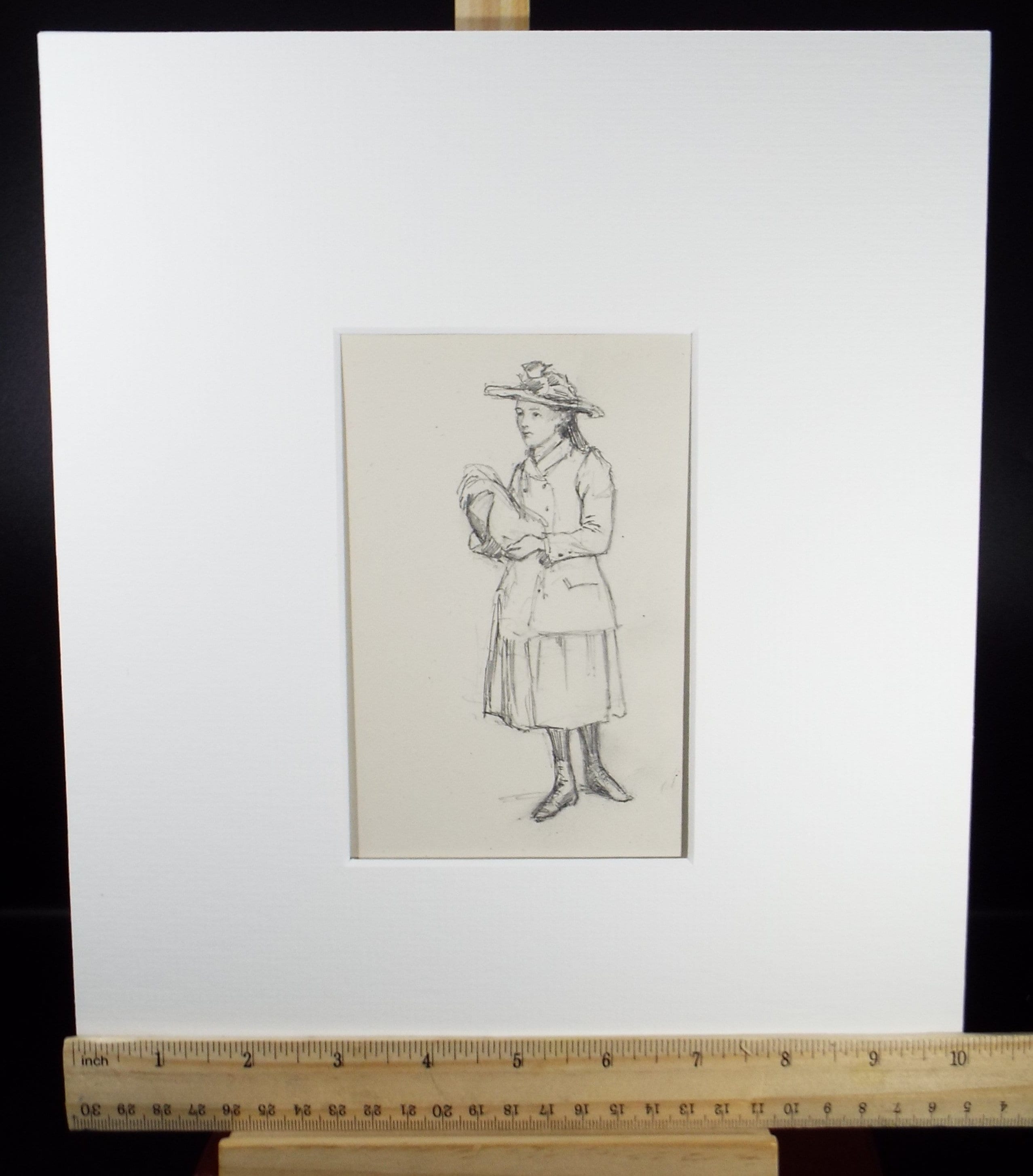Original Pencil Sketch,'Study of a Girl carrying a parcel', Leonard Leslie Brooke (1862 - 1940), Late 19th Century
