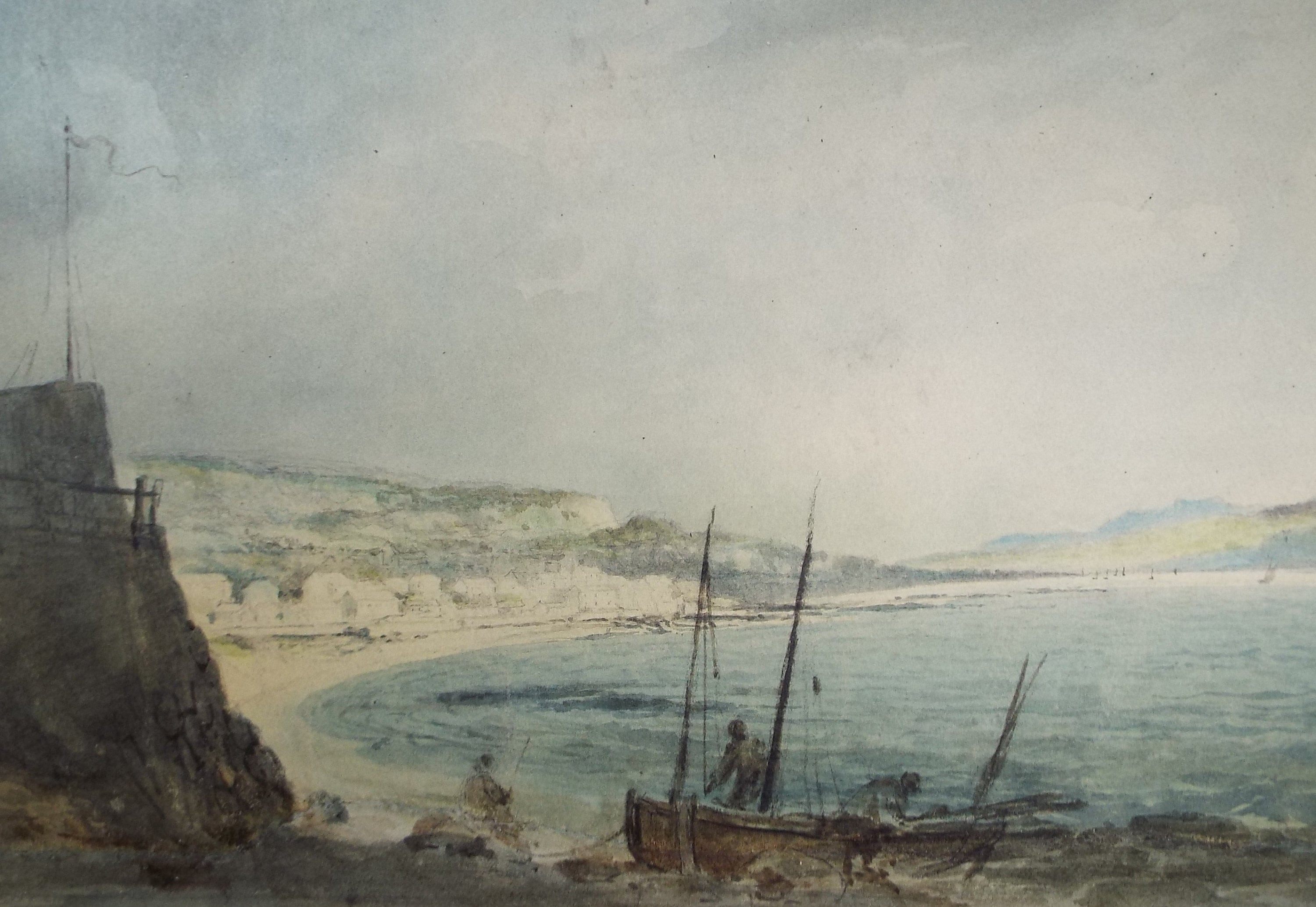 Original Watercolour, 'Fishing Boat on the Shore with figures', Early 20th Century, Unknown Artist