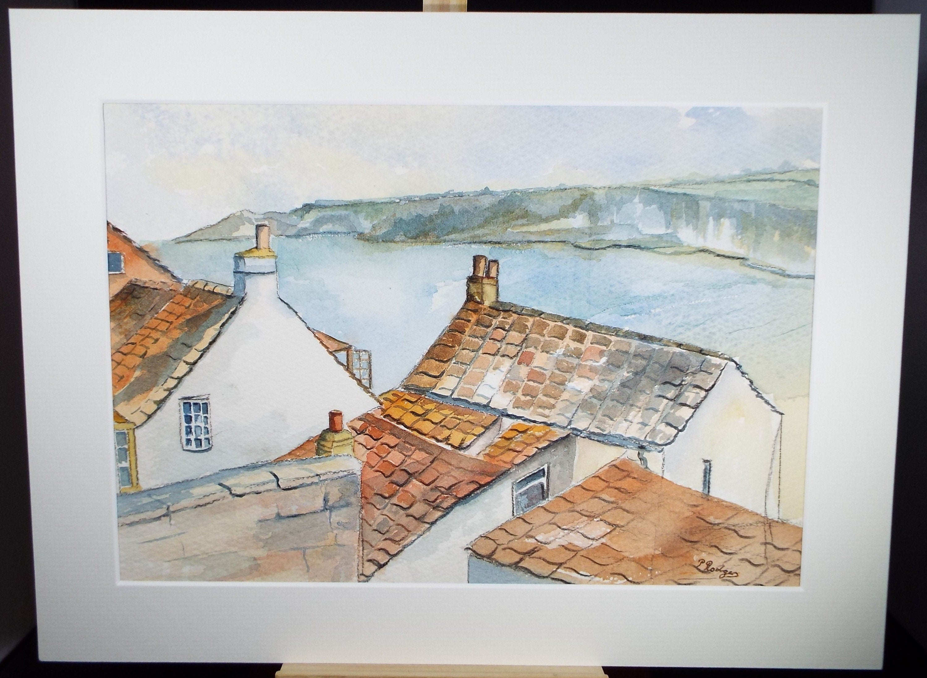 Original Watercolour, 'Roofs of Coastal Cottages', Circa 1990's, Artist Unknown
