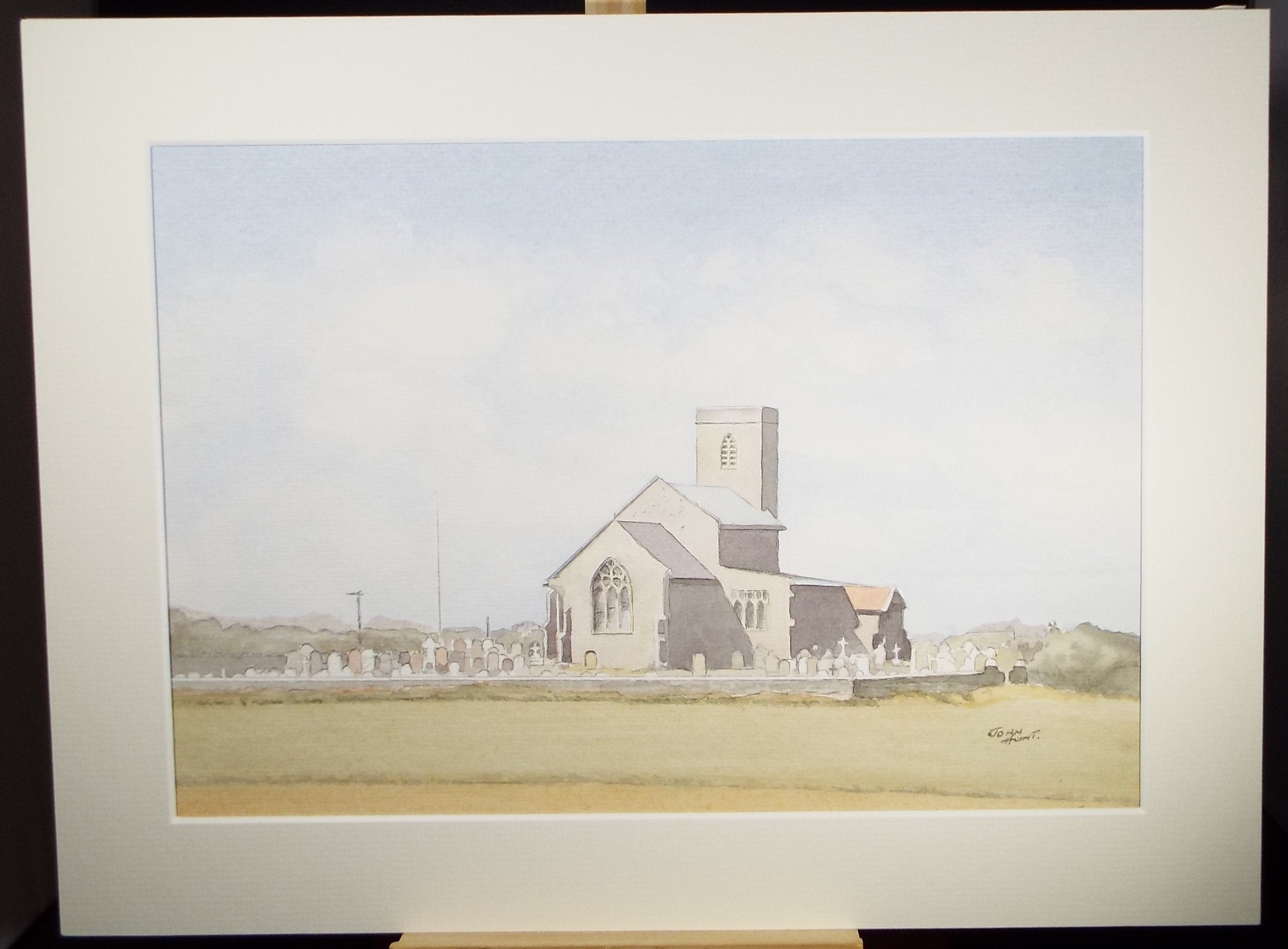 Original Watercolour on Paper, 'Church & Churchyard' Circa 1990's, John Hunt