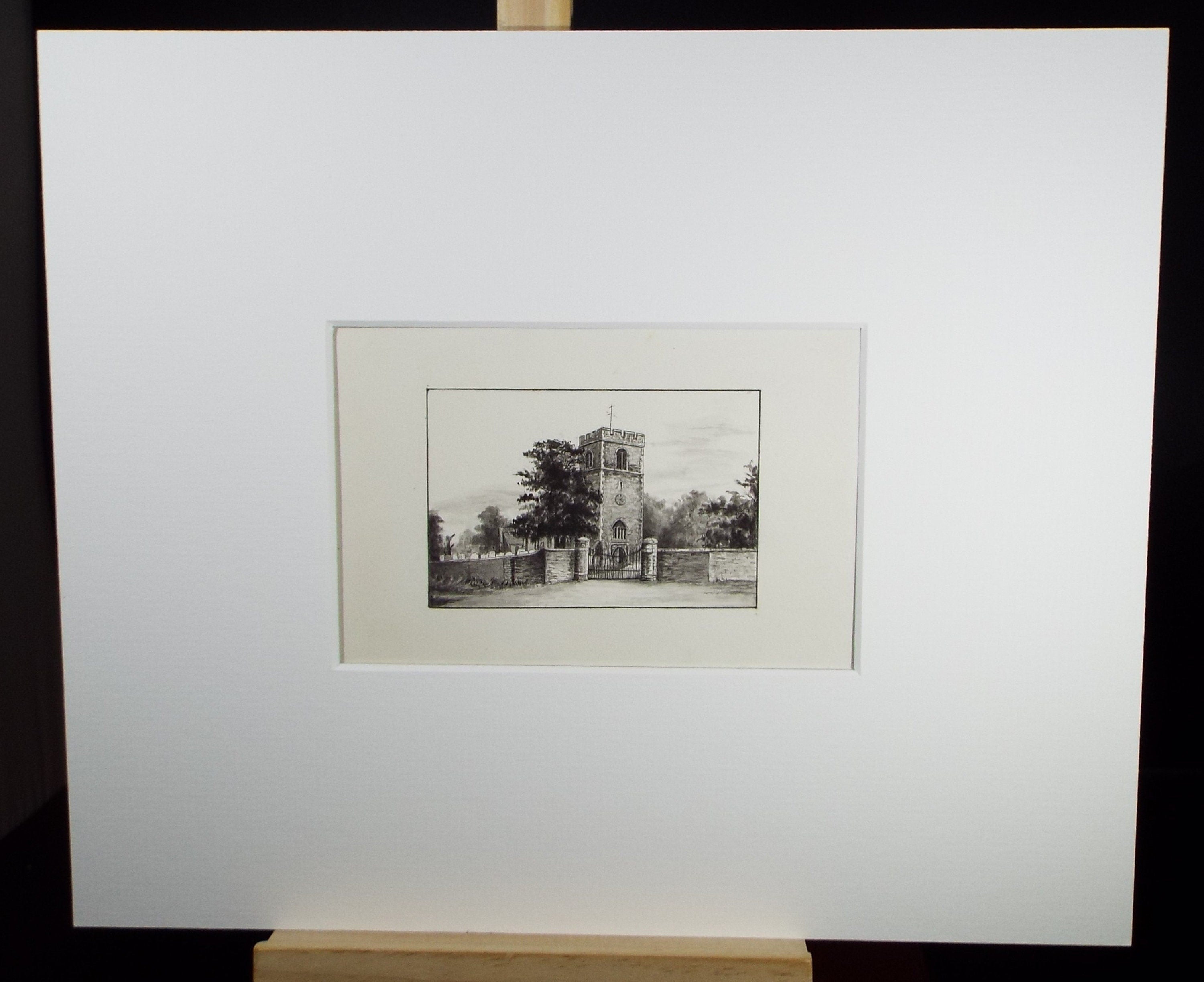 Original Watercolour, 'Stone Church and Churchyard', Circa 1880's, Artist unknown