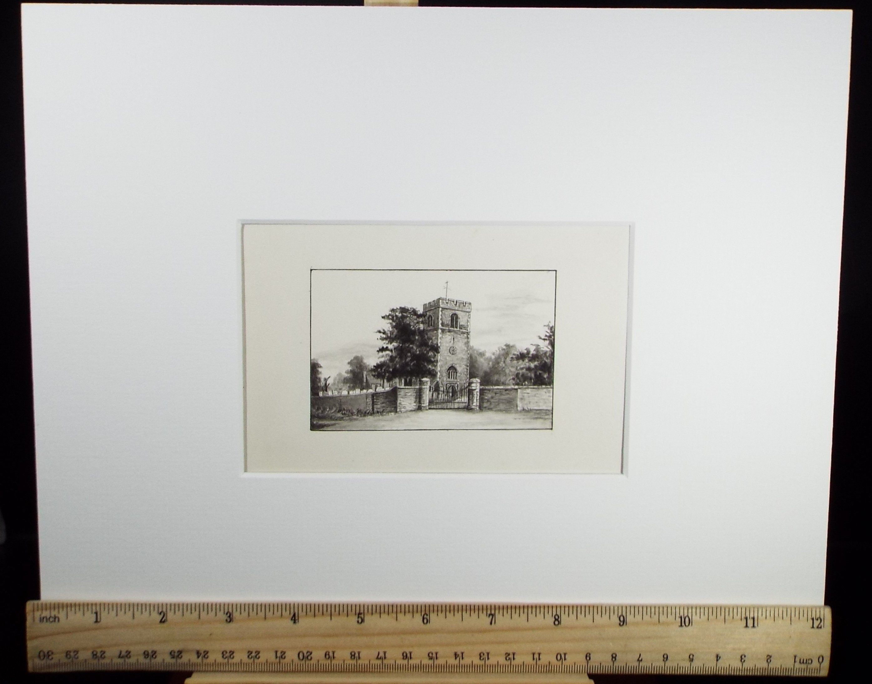 Original Watercolour, 'Stone Church and Churchyard', Circa 1880's, Artist unknown