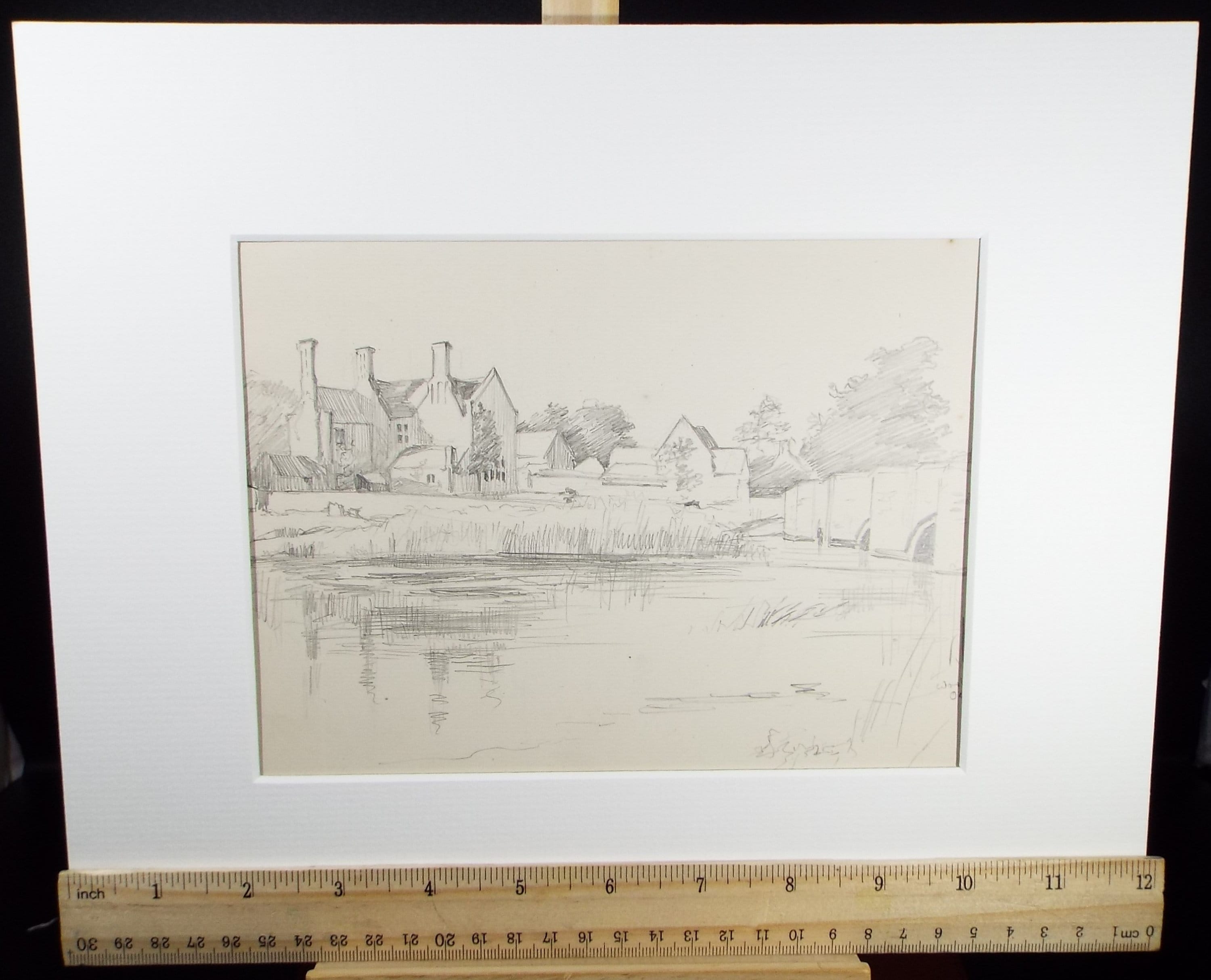 Original Pencil Sketch,'Manor House by the River', Leonard Leslie Brooke (1862 - 1940), Late 19th Century