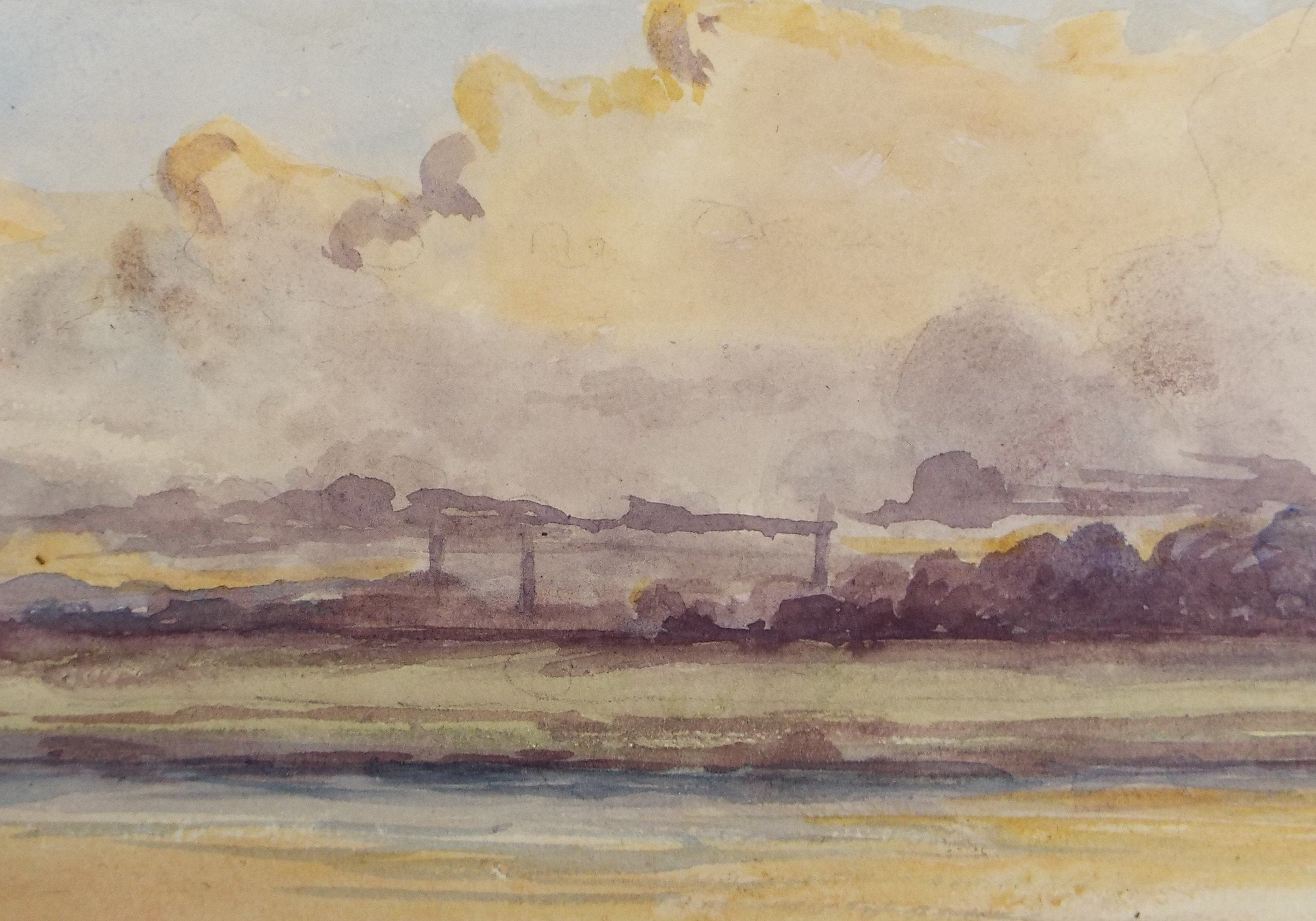 Original Watercolour Sketch, 'Town below a Stormy Sky' , c1910, Unknown Artist