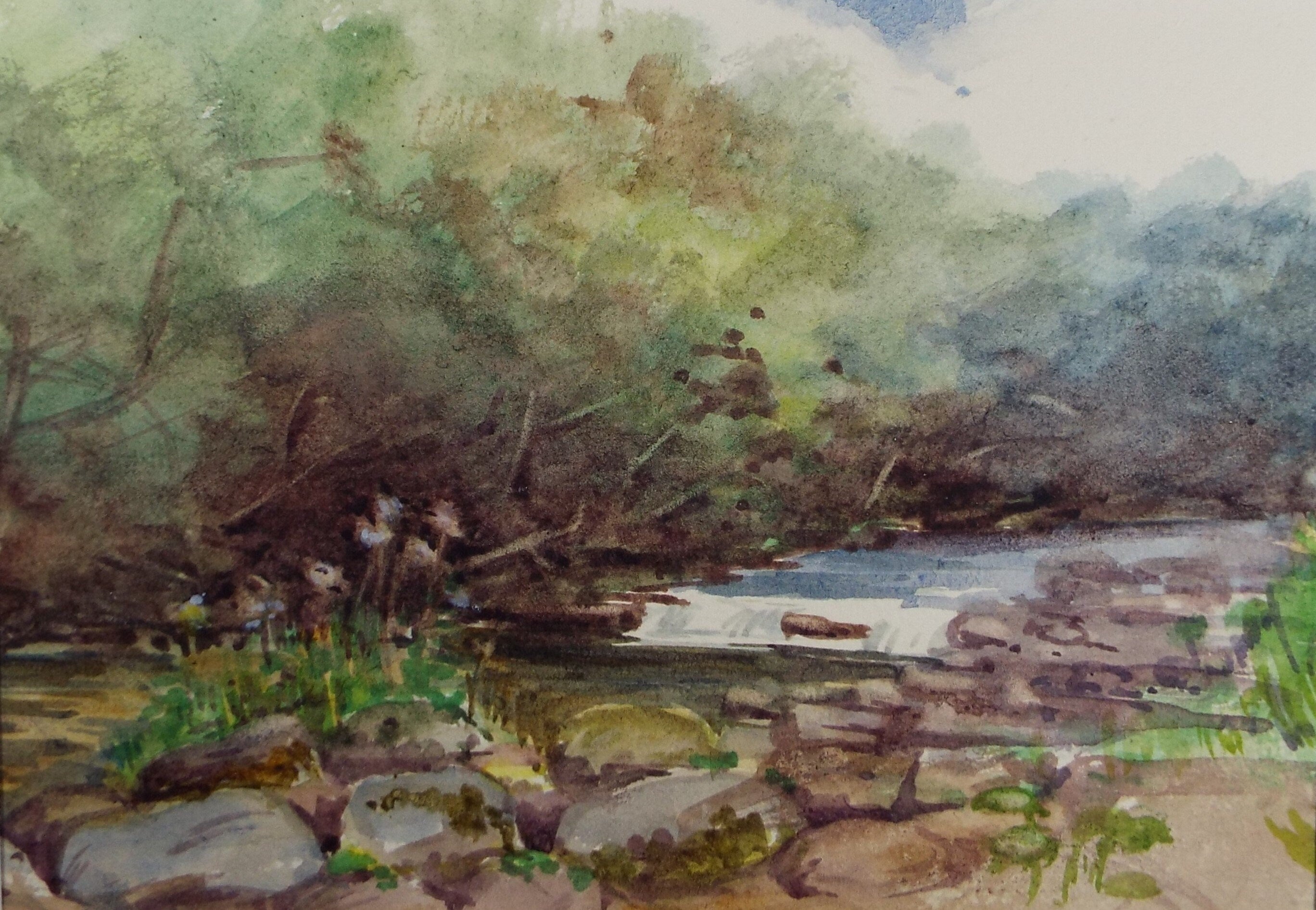 Original Watercolour Sketch, 'River Weir' , c1910, Unknown Artist