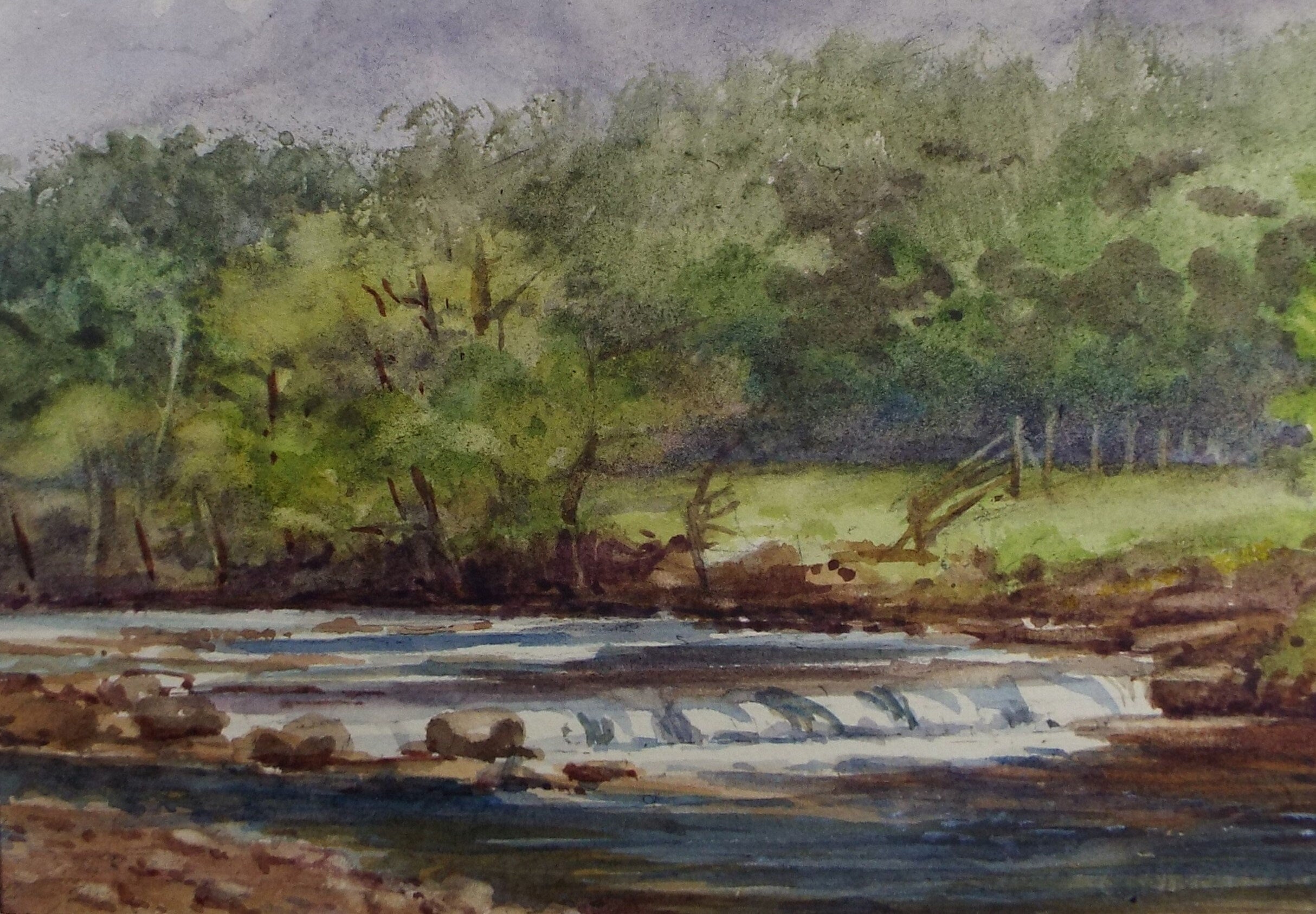 Original Watercolour Sketch, 'River weir , c1910, Unknown Artist