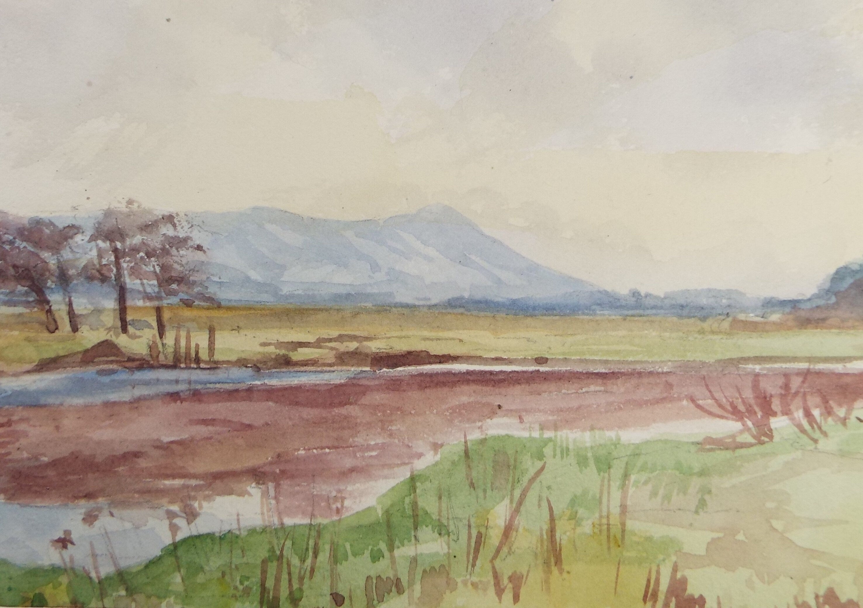 Original Watercolour Sketch, 'River with distant hills', c1910, Unknown Artist