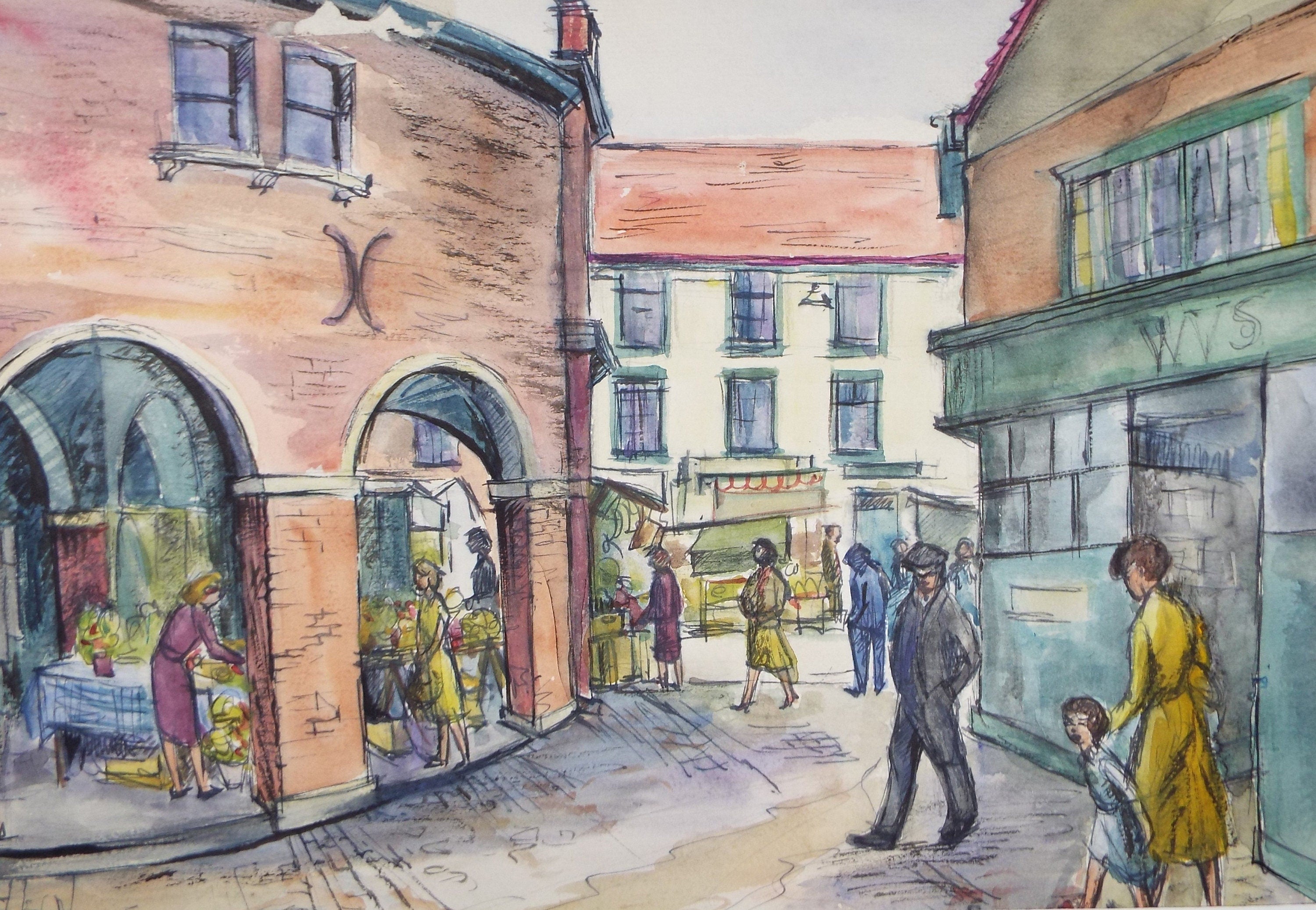 Original Watercolour & Ink, 'Street Scene with Figures', circa 1960's , Initialled J.T.