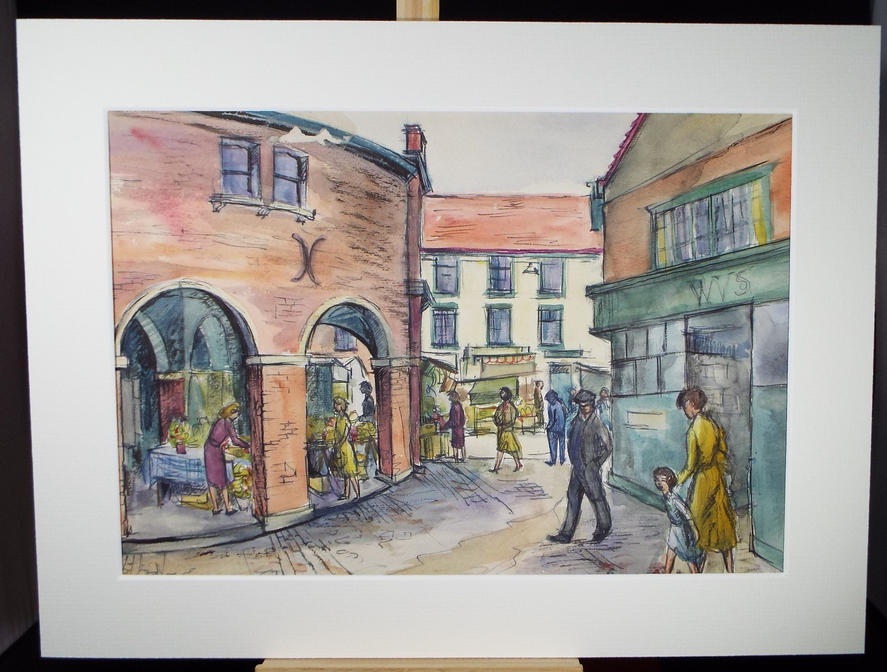 Original Watercolour & Ink, 'Street Scene with Figures', circa 1960's , Initialled J.T.