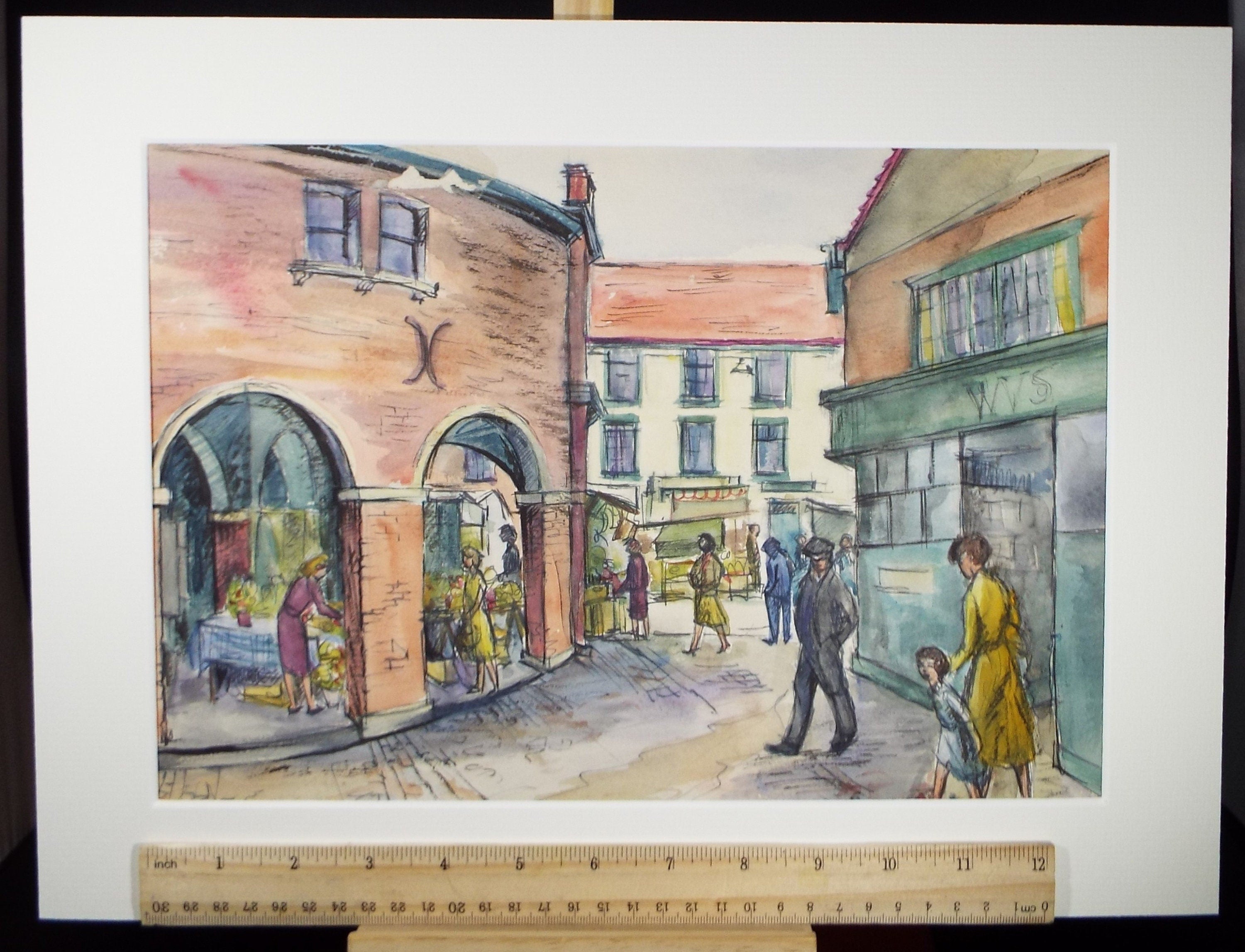 Original Watercolour & Ink, 'Street Scene with Figures', circa 1960's , Initialled J.T.