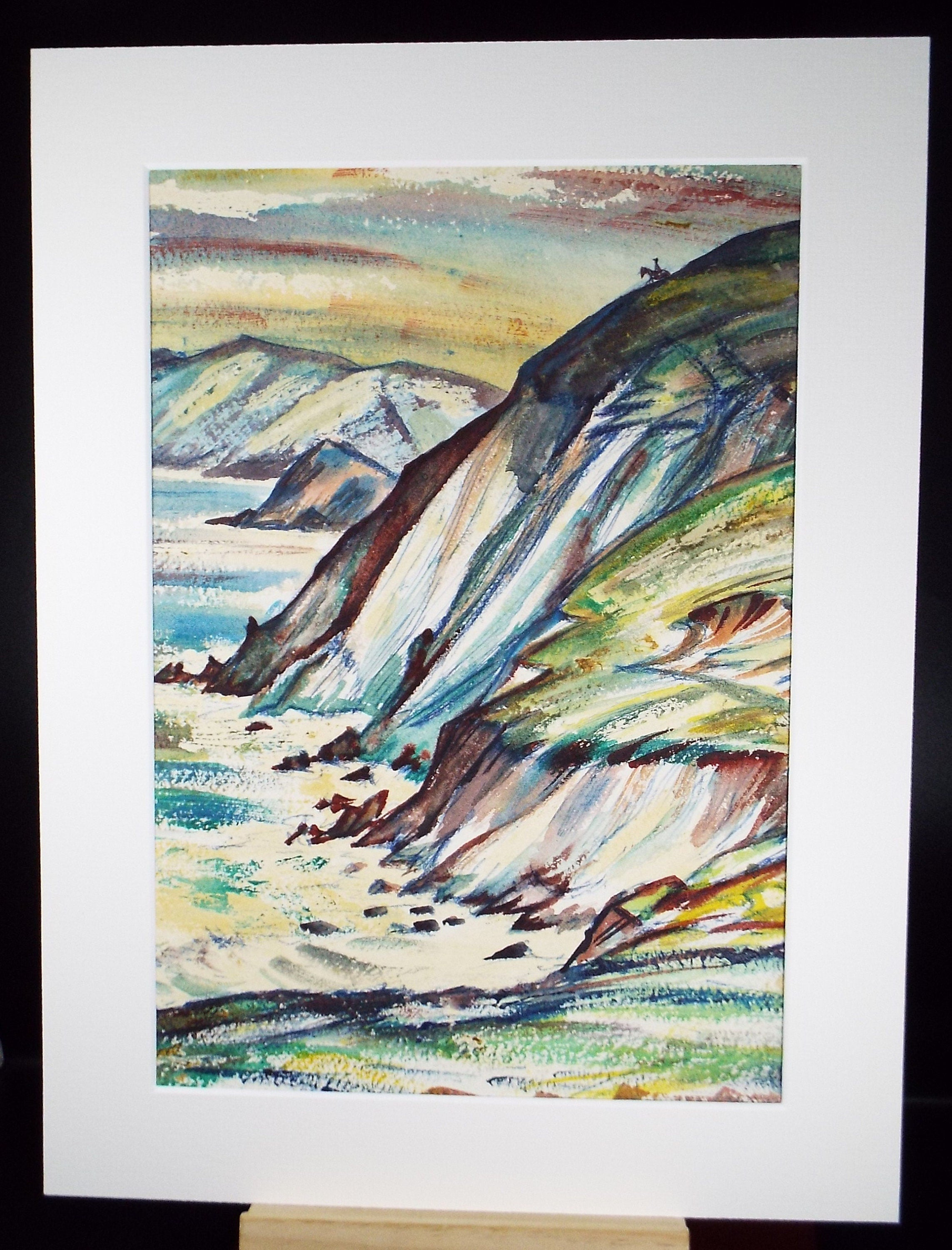Original Watercolour, 'Sea Cliffs with Lone Rider', Circa 1960's, Artist Unknown