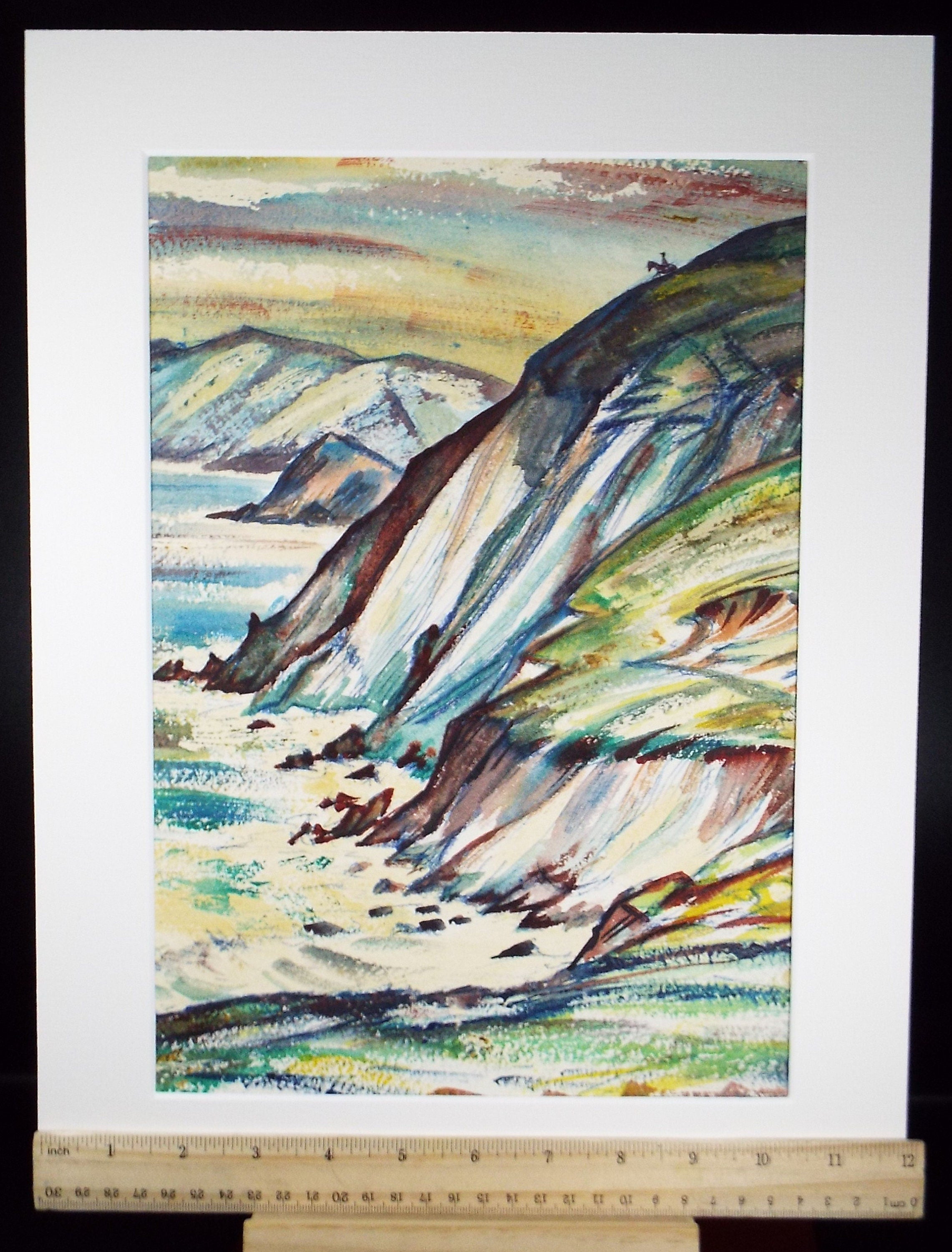 Original Watercolour, 'Sea Cliffs with Lone Rider', Circa 1960's, Artist Unknown